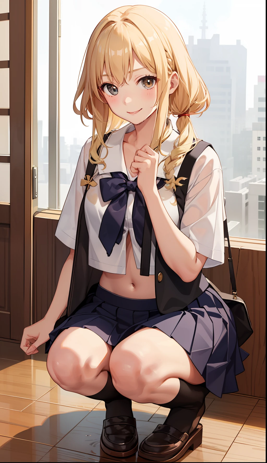 1girl in、A smile、The shirt、skirt by the、(small tits)Chilarism、Japan High School Student Uniform、serafuku、summer clothing、Squall Drenched Uniform、(Sheer Bra)、Upper body portrait、blonde hair、Squatting panchira、