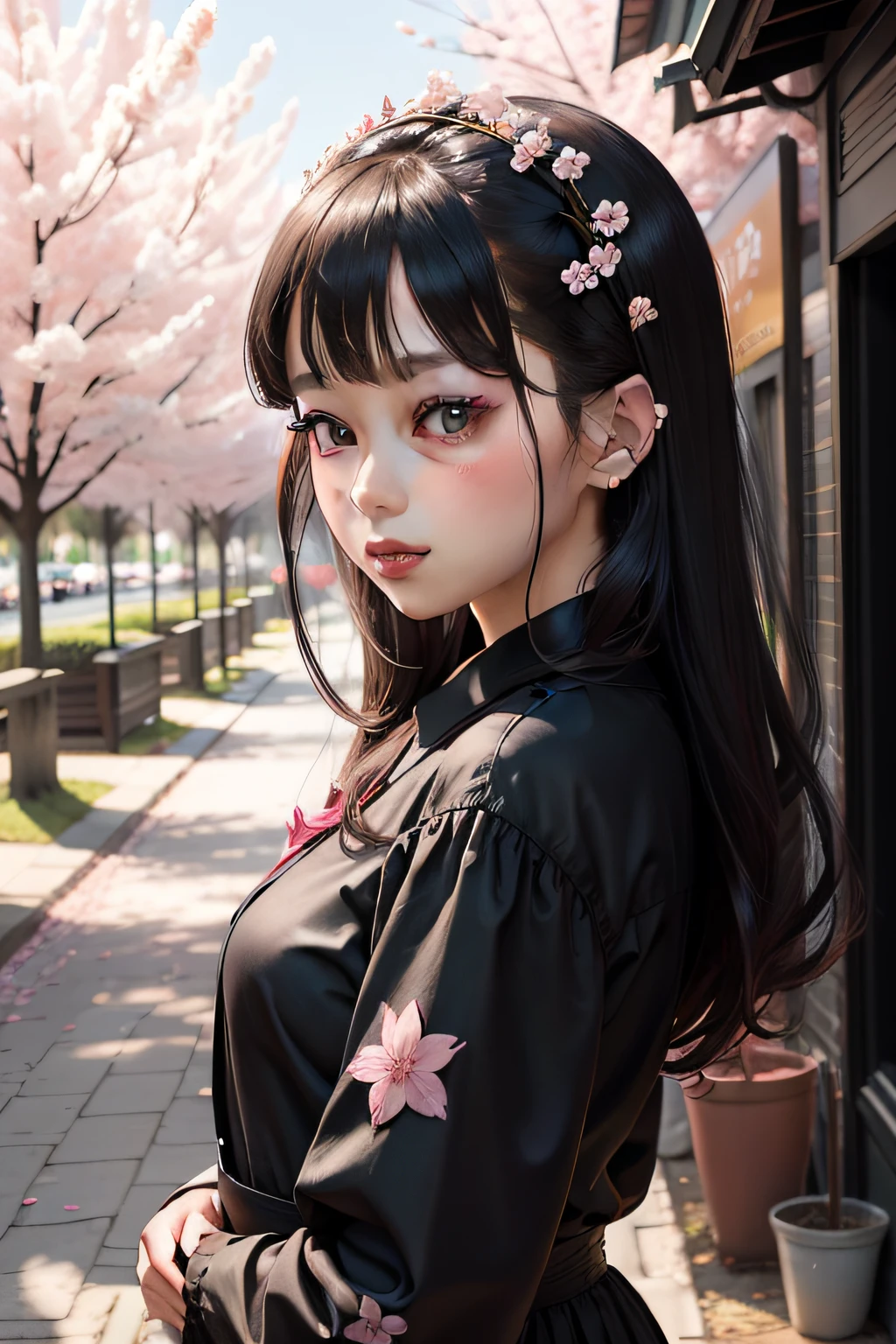 Aesthetic black silk cherry blossom scenery girl