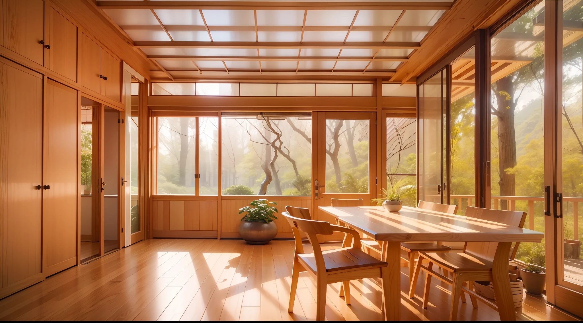 interior design、Insanely detailed wide-angle architectural photo、Cozy contemporary living room、(Bright and warm sunlight 1:0.1)、Award-winning contemporary interior design、landscapes、The table、a chair、in a house、Wooden flooring、window、resturant、east asian east asian architecture、sliding paper doors、abajour、architectural、the woods、naturey、cups、a plant、interior design、Insert lighting and shadows、depth of fields、low illuminance、