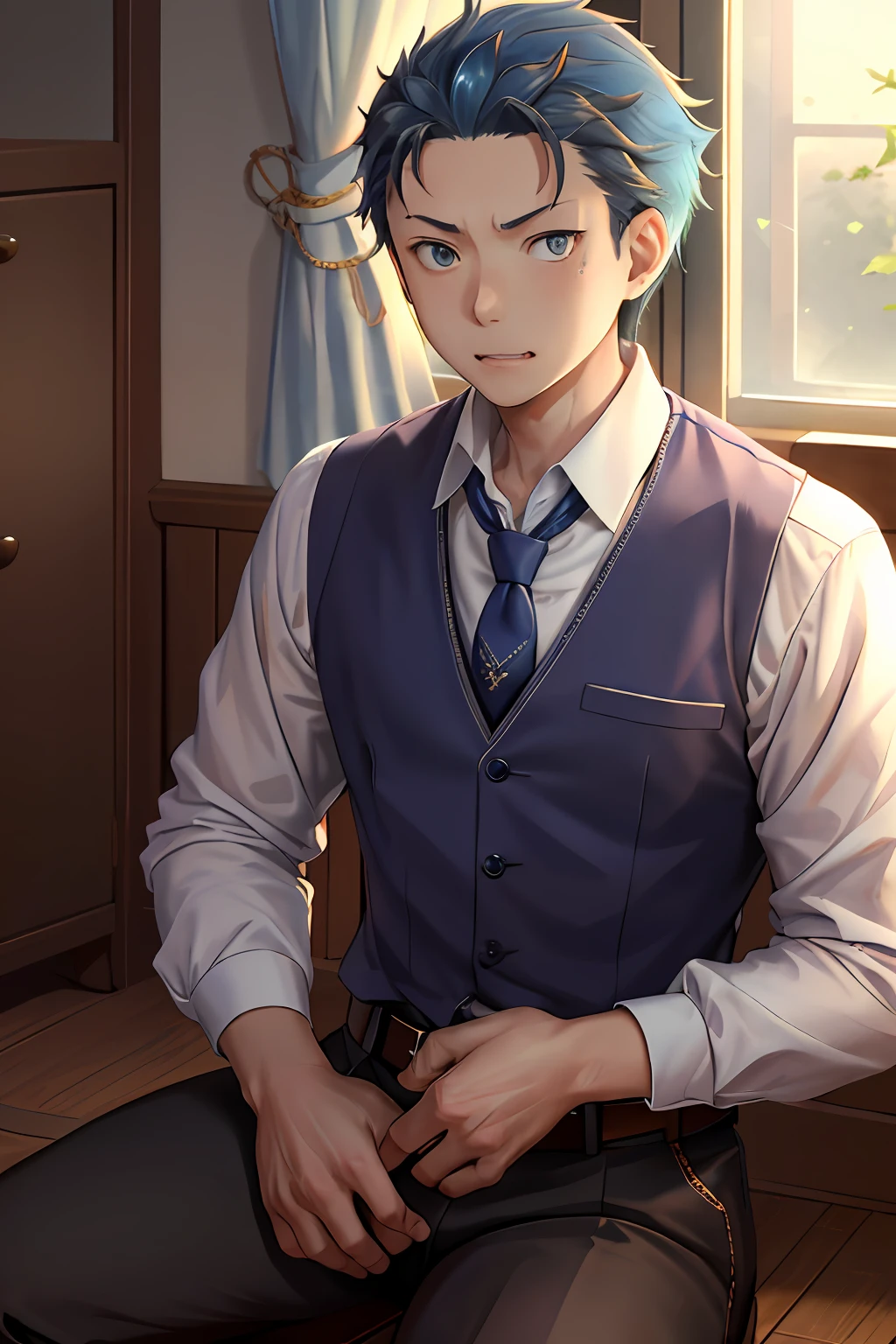 (1 Adult male),A high resolution, Sharp focus, Pixiv masterpiece, ((Complicated details)), highly detailed, natsuki_subaru, 1 man, with her mouth open,full bodyesbian,sit astride, blue colored eyes(eyes glowing), blue short hair,white shirt,Wear a tie,Wear a belt,perspire,look from down