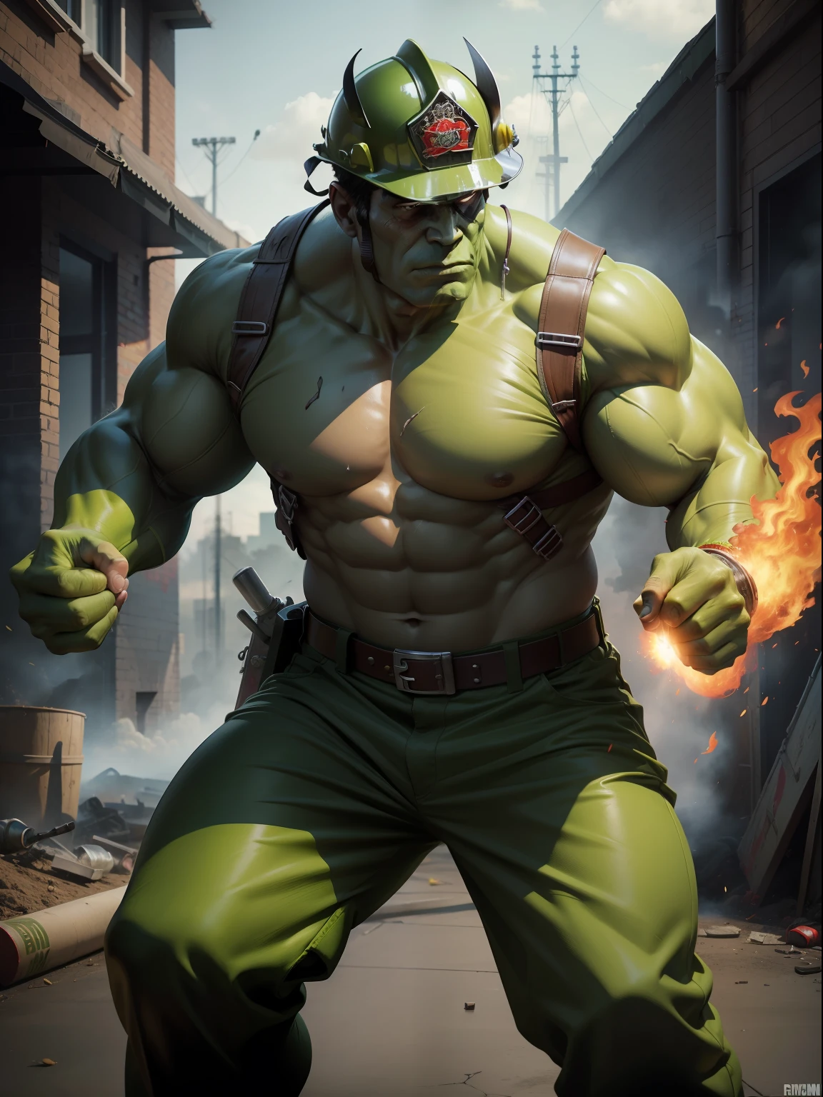 A Dramatic firefighter as green hulk wearing firefighter uniform and tools such as helmet or axe, cinematic, extreem realistic, extreem detailed, extreem Sharp, full body shot