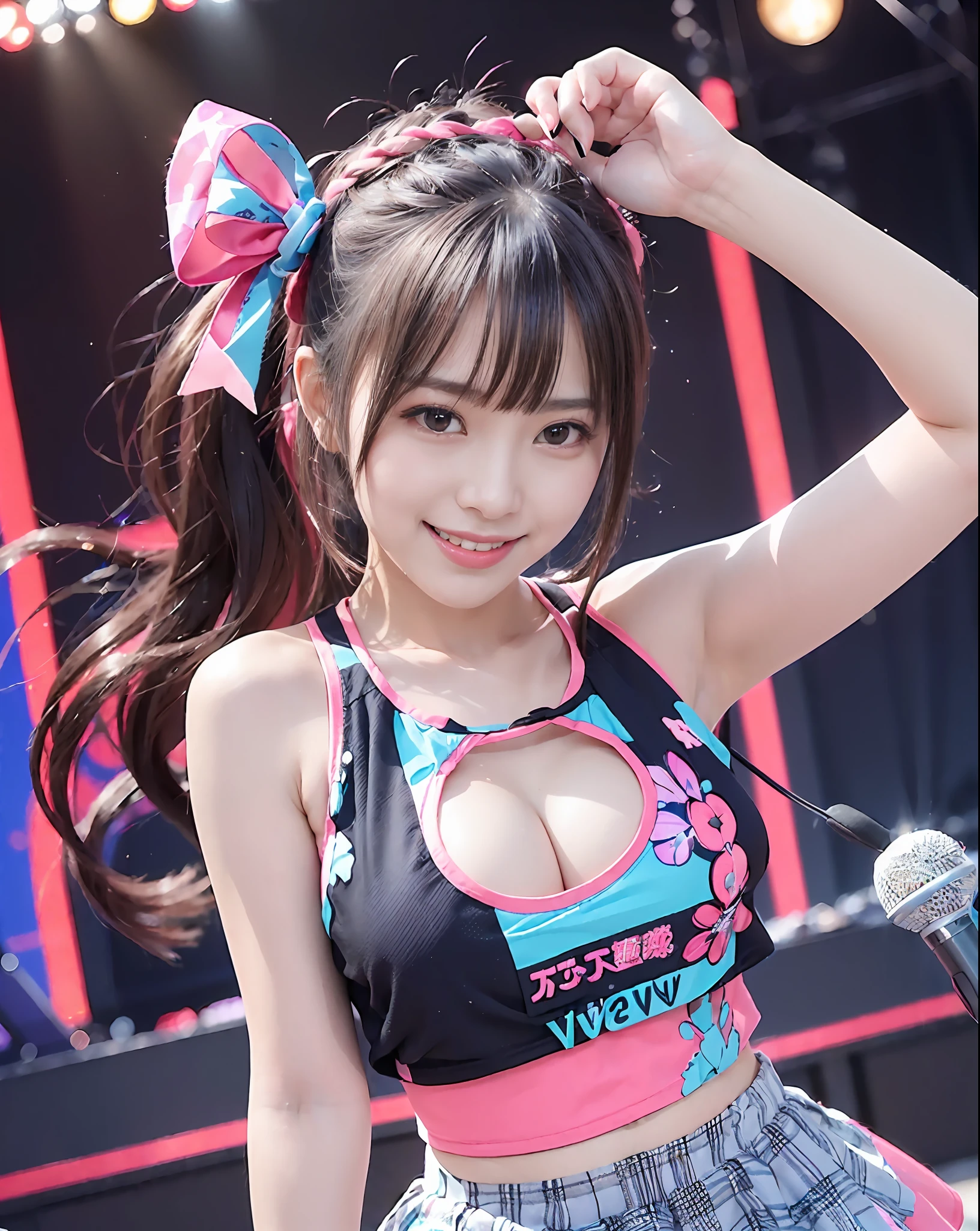 (The background is the stage of the idol:1.5), (Photo of an idol of a Japan girl smiling affectionately:2.0), (Photos of her from head to chest:2.0), Bold angles、Dynamic angles、(look at viewr:2.0), (8K, Raw photo, a award winning photo of a beautiful, 超A high resolution:1.5), Sigma Lens 50mm f1.8, Shutter Speed 1/2000, One Japan Idol, Cute, 3D, (Big breasts:1.3), (Accurate depiction of the clavicle:1.0) ,  (look at viewr:2.0),  (Sweet smile:1.5), (Her eyes are squinting affectionately:1.5), (Her lacrimal sac is affectionately bulging:1.5), (the corners of the eyes rise affectionately:1.0), (zora々Glowing skin:0.5),  (Shining eyes:1.5),  (Shiny hair:1.2),  (Beautiful shiny lips:1.5),  (Wearing a tank top with a wide chest opening:2.0), (Backgrounds with a variety of beautiful elements:1.5),  (Detailed backgrounds:1.5), Her stage is、It is a huge dome-shaped venue of the future decorated with a large screen and colorful lighting。On the screen、Idol name or song name、The fan message is、Projected using high-tech laser and hologram technology.。Lighting is、Change colors and shapes to match the tempo and mood of the song.。At the venue、About 100,000 fans packed.、Penlight and Fan、We support idols with towels.。Fans sing along with their idols、Shouting、hands clapped。
Idol is、She was a very pretty girl.、One of the top idols of Japan。She、She wears a cute outfit with white leggings and pink ribbon in a white and pink plaid dress.。This costume is、It was designed by idle professional designers.、With cuteness、We make her a solid fashion leader。Hairstyles and accessories too、Together with the costume、Designed by professional designers。While she was holding the microphone、Sing bright and catchy pop songs.、The dance is also light and sharp..。His facial expression appeals to fans with a smile, Wink and kiss.。They、time々Dance lightly and move around the stage、Interacting with fans.。