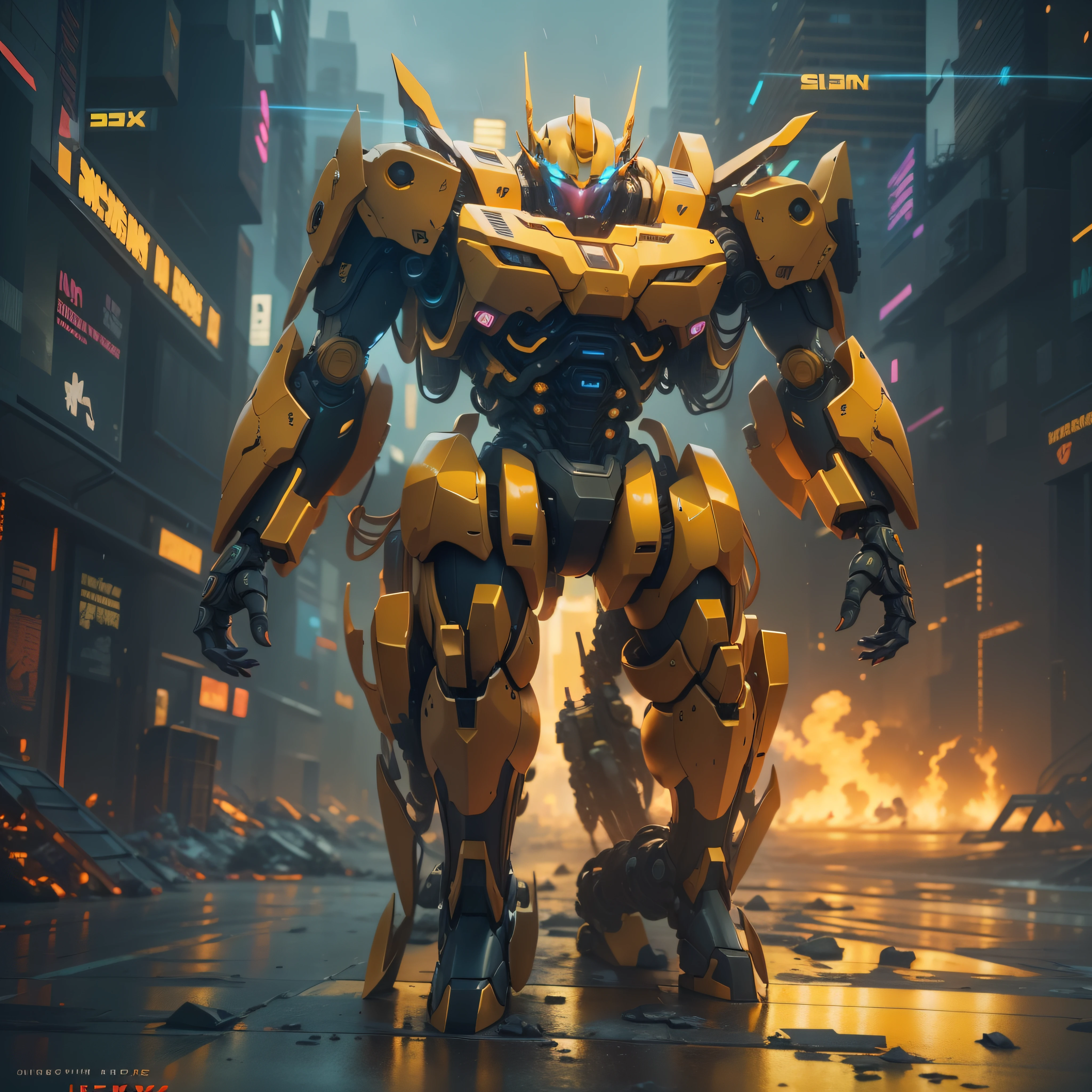1 giant yellow robot, slick design cyberpunk, stunning gradient colors, stylized, ((battle pose, battle stance)) smoke, fire, raining
anime, masterpiece, best quality, (extremely detailed CG unity 8k wallpaper), (best quality), (best illustration), (best shadow), absurd res, realistic lighting, beautiful detailed glow
