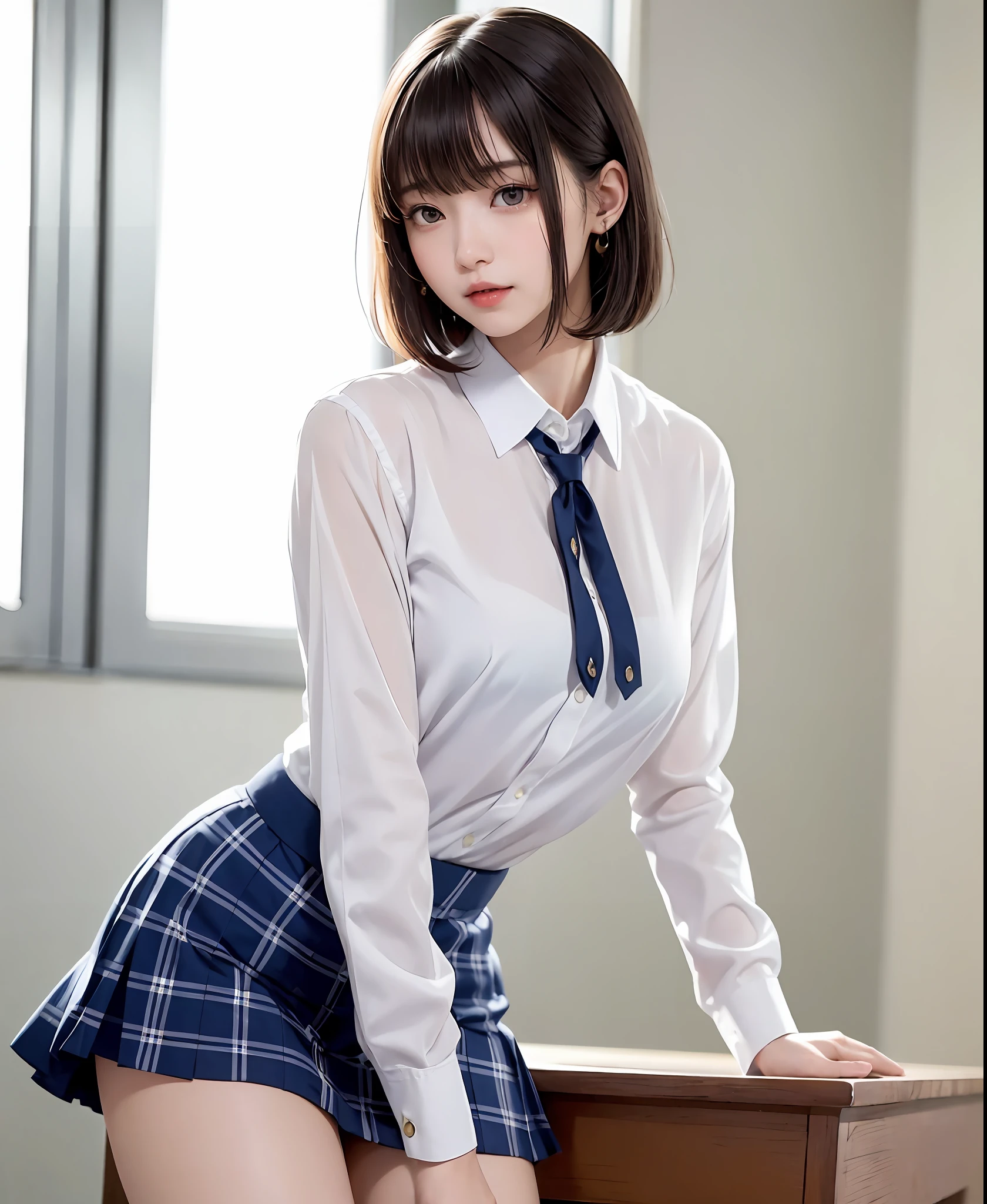 (​masterpiece、top-quality:1.2), Surreal Schoolgirl, 独奏, 1girl in, Yukinoshita Yukino, (shinny skin、wetted skin:1.2), Wearing sweat, I'm really smiling happily, Watch your audience carefully, all-fours, 校服, white  shirt, plaid skirts, thighs thighs thighs thighs, PM, Classroom Surreal High School Girl、Very tall woman、short hair with clean bangs of 46 points,、the neck is long、Put your ears out、Distinct double eyelids、big eye、The beauty of the golden ratio、Perfect Anatomy、Perfect and detailed body