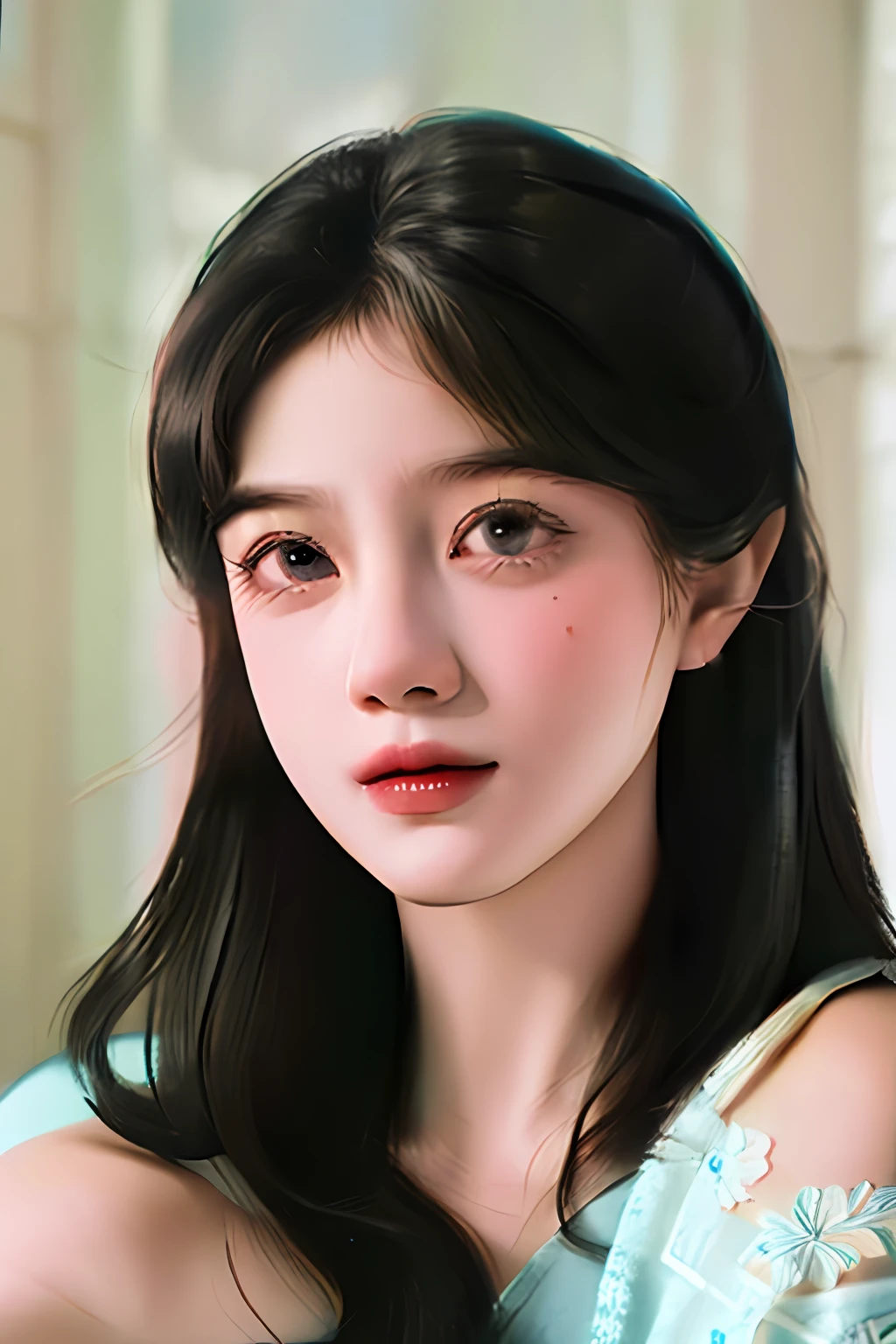 Very detailed eyes, very detailed face, very beautiful woman, best quality, super detailed (photorealistic), very delicate and beautiful legs, beautiful black eyes, absurdity, very detailed expression, professional illustration, shy, late or so, sitting