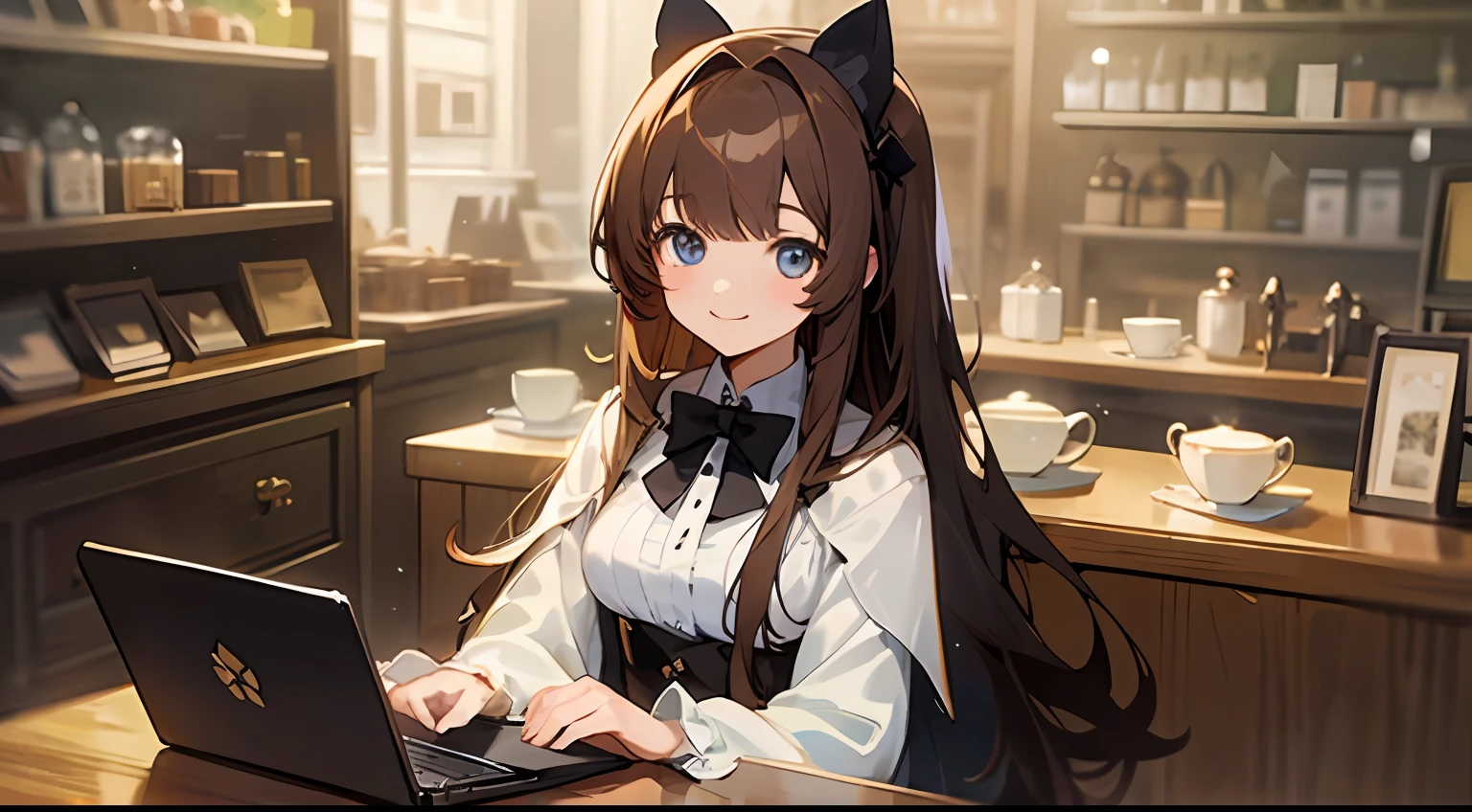 Upper body, mid-shot, femele, Detailed eyes, Anime girl sitting at laptop table, Semi-long hair, Brown hair, Bangs,, White costume, Black bow tie, Long sleeves, fashionable cafe、Inside the  shop,Smiling smile