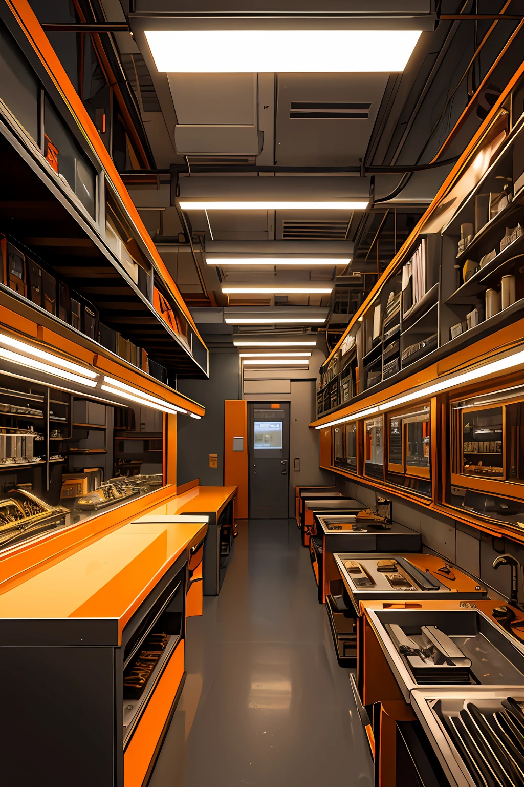 Mechanical laboratory, Metallic, A lot of orange, Lots of mechanical workbenches, A lot of silver, halo, Surrealism, Cubist Futurism, chiaroscuro, cinematic lighting, viewfinder, letterboxed, UHD, ccurate, super detail