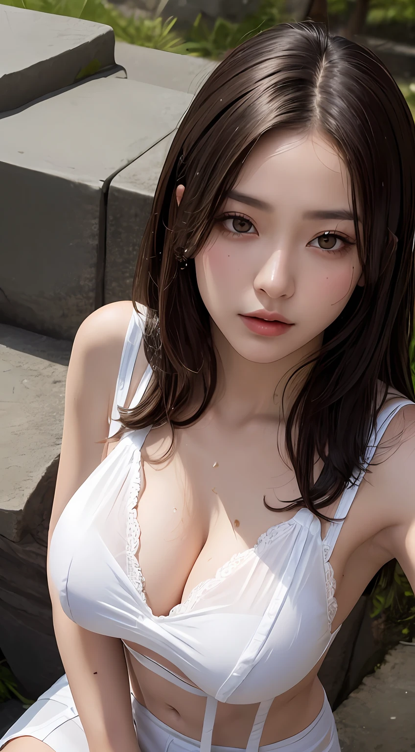 (best qualtiy,4K,tmasterpiece:1.3),Pretty women,1girll,Raised sexy:1.1,dark brown hair:1.1,(Wet with rain,Wet with rain,Get wet:1.2),Large breasts,tit,Clear white suspenders,Spread your thighs apart,crouched,Shoot from the bottom up,Super detailed face,Detailed lips,A detailed eye,二重まぶた