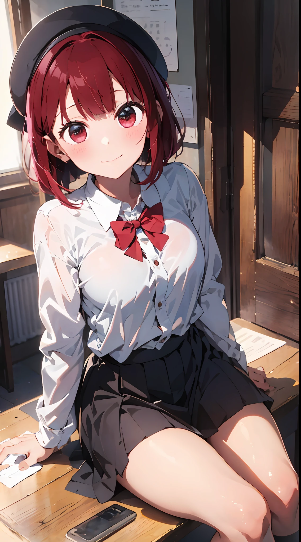 Masterpiece to the smallest detail、top-quality、1girl in、Solo looks 、150cm petite beautiful girl、small tits、12-year-old by 、red t bob in the forward、Pink and violet mesh、red eyes、Red eyes、Tall, big eyes、Outstanding looks、A lovely child、proximity、closed_mouth、a 、red blush、full of shyness、blue headwear、Hats、pink bowtie、校服、 Blue jacket、jaket、skirt by the、Gray skirt shirt、white shirt、an legs、Black socks、sitting on、Classroom、hair_ornament、looking_at_viewer、beatiful detailed eyes、Akame、panties on、lift up one's skirt、Professional effects、