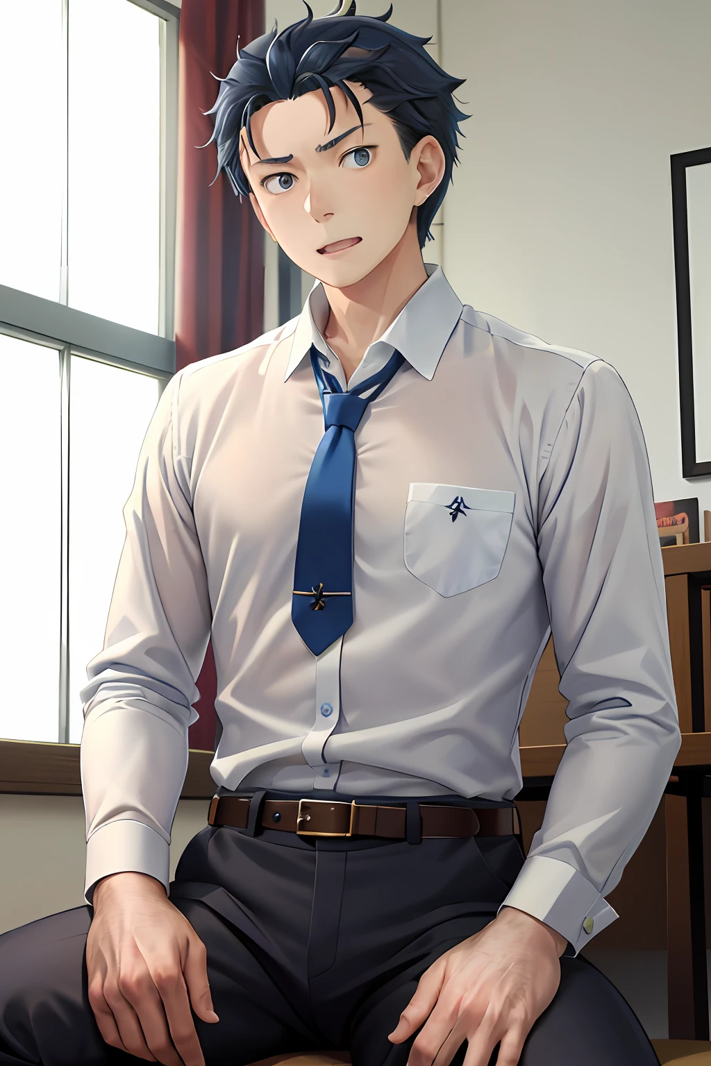 （1 Adult male），A high resolution， Sharp focus， Pixiv masterpiece， （（Complicated details））， highly  detailed， natsuki_subaru， 1 man， with her mouth open，full bodyesbian，sit astride， blue colored eyes（eyes glowing）， with short white hair，white  shirt，Wear a tie，Wear a belt，perspire，look from down