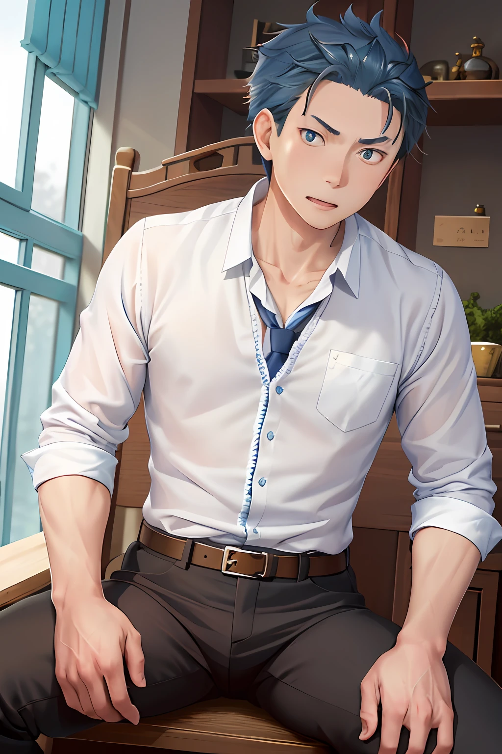 (1 Adult male),A high resolution, Sharp focus, Pixiv masterpiece, ((Complicated details)), highly detailed, natsuki_subaru, 1 man, with her mouth open,full bodyesbian,sit astride, blue colored eyes(eyes glowing), with short white hair,white shirt,Wear a tie,Wear a belt,perspire,look from down
