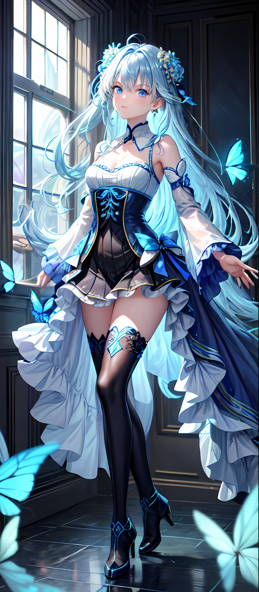 (Overlooking),dynamic angle,Super meticulous,illustratio,closeup cleavage,Looking directly at,1girll,(fanciful:1.4),(Blue eyes:1.233),Her eyes shone like dreamy stars,(glowing light eyes:1.233) ,(美丽细致的眼睛:1.1),(silber hair:1.14),(messy  hair,Very long hair,french braid,Hair between both eyes,Lateral hair),(+(Blue hair flowers:1.14)),(Chiffon dress,Uniform blue flower pattern)/=(army suit:1.24),(Separate sleeves,Wide sleeves),(Fingerless gloves),choker necklace,(miko thighhighs),high heels boots,(face expressionless,Keep one's mouth shut),(standing on your feet), (Classical princess boudoir with dressing table, Floor-to-ceiling windows, white ancient palace),(flor branca,full bloom),(abyssal),(flowingwater),(Dark Blue World Tree:1.14),(废墟),(natta:1.2 ),Dreamy,soul,(Fluorescence),(Flying translucent blue butterfly:1.15),[[Delicate fingers and hands:0.55]::0.85],(Finger details),(yubao:0.5),Top image quality，4K分辨率，2K