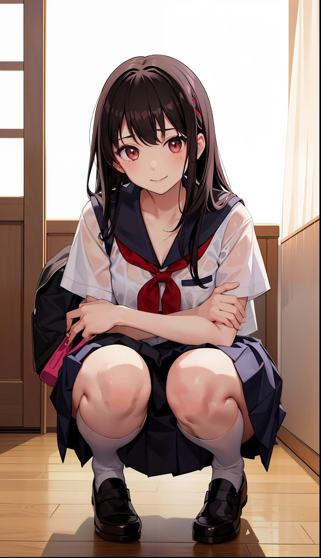 1girl in、A smile、The shirt、skirt by the、(small tits)Chilarism、Japan High School Student Uniform、serafuku、summer clothing、Squall Drenched Uniform、(Sheer Bra)、Upper body portrait、Squatting panchira、