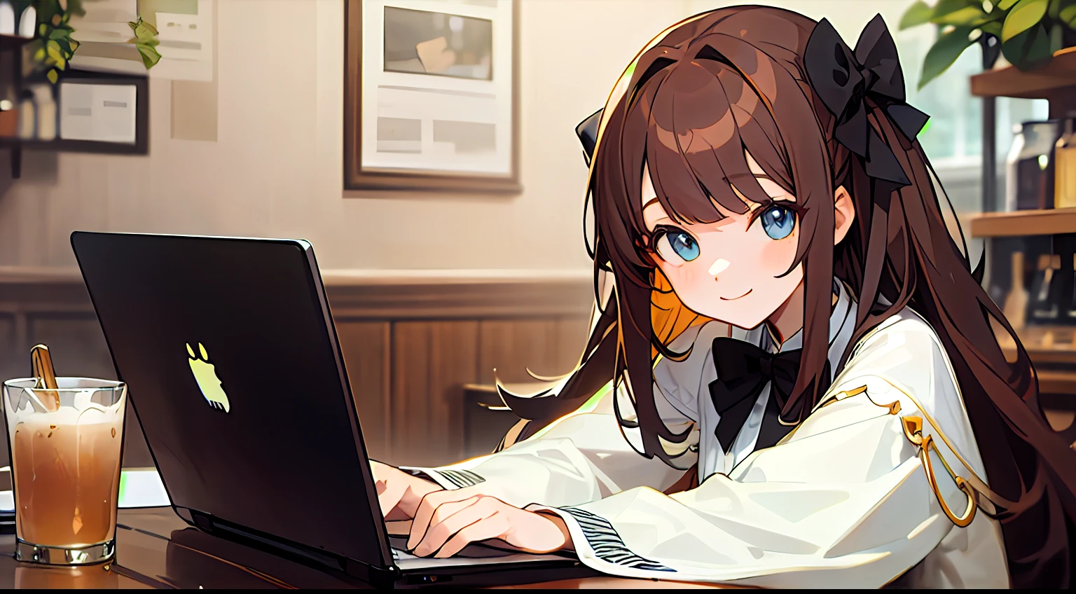 Upper body, mid-shot, femele, Detailed eyes, Anime girl sitting at laptop table, Semi-long hair, Brown hair, Bangs,, White costume, Black bow tie, Long sleeves, fashionable cafe、Inside the  shop,Smiling smile