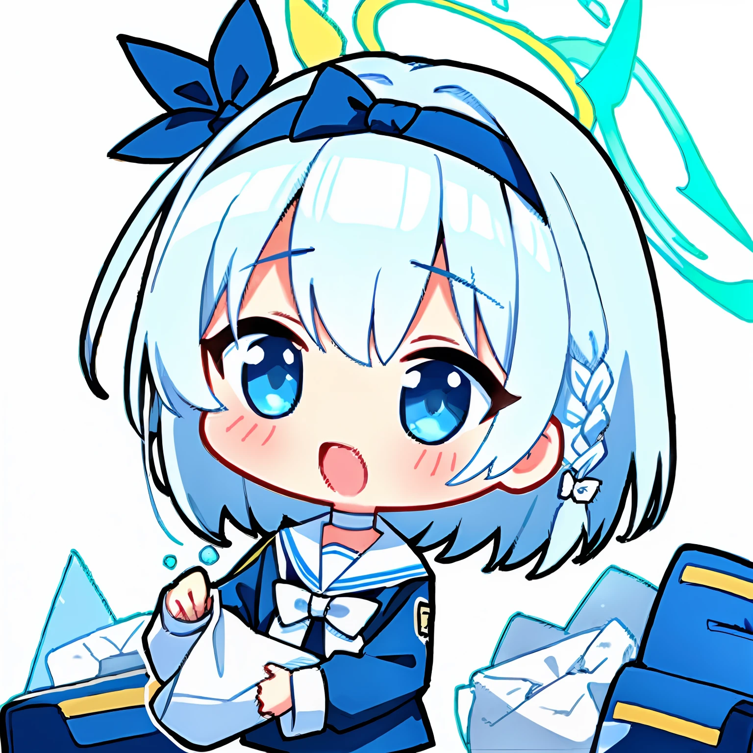 arona, 1Girl, white hairband, bow hairband, halo, Short hair, single braid, school uniformss, blue shirt, white sailor collar, Long sleeves, white bowtie, white choker, White background, chibi