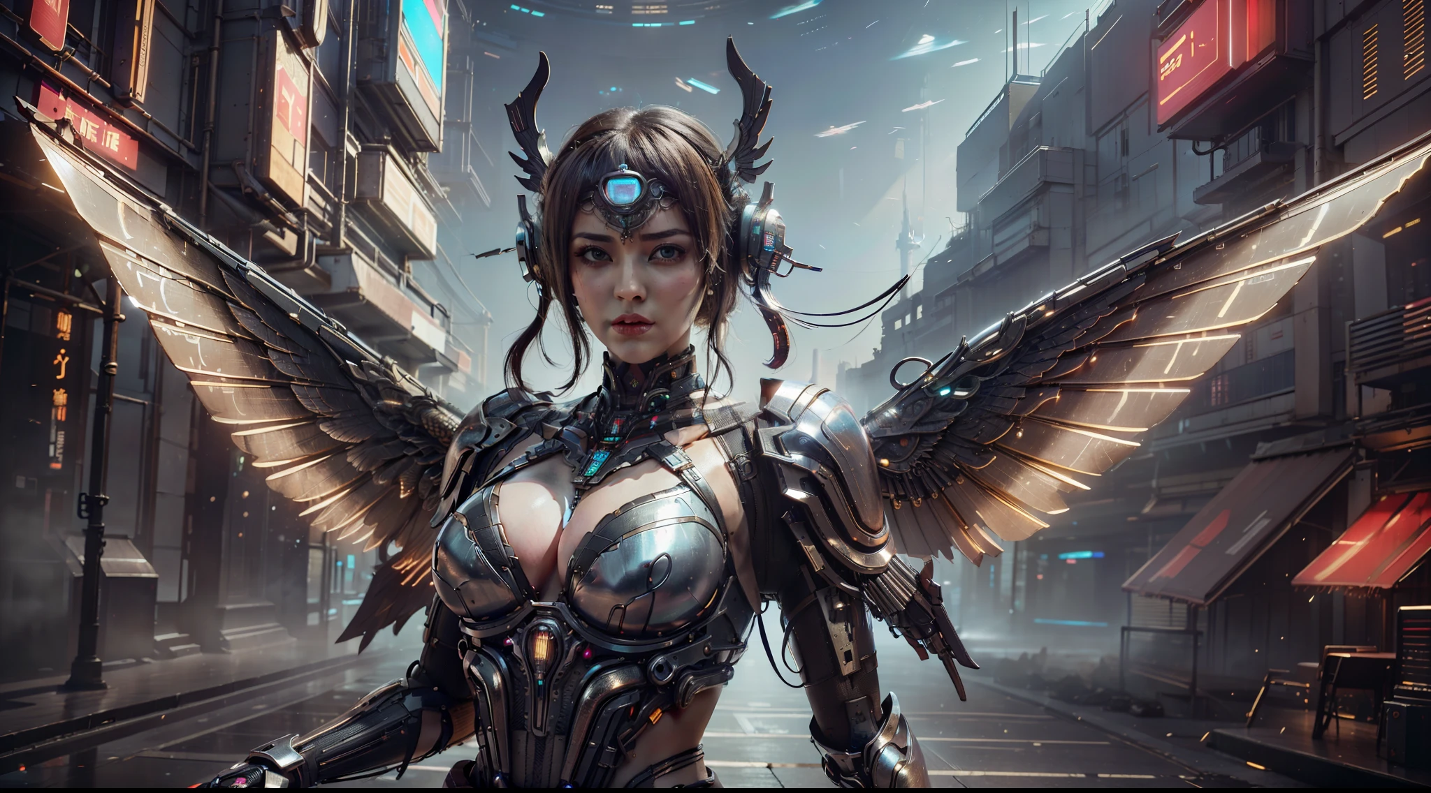 HighestQuali,BestWorks,A masterpiece,RAW photo effect,Realistic Photo Effect,Super high detail,super-fine,The city of the future,the night,cyber punk perssonage,Mature woman,(Close portrait:1.3),Large breasts,dynamicposes,looks into camera,dramatics,fumo,steampunc,complex patterns,((Metal wings)) Description of the Ultrra precise pointer, Photorealistic, Super detail, Masterpiece, Best quality, A high resolution, 8K,Best quality at best,tmasterpiece,ultra - detailed,volumettic light,Background bokeh