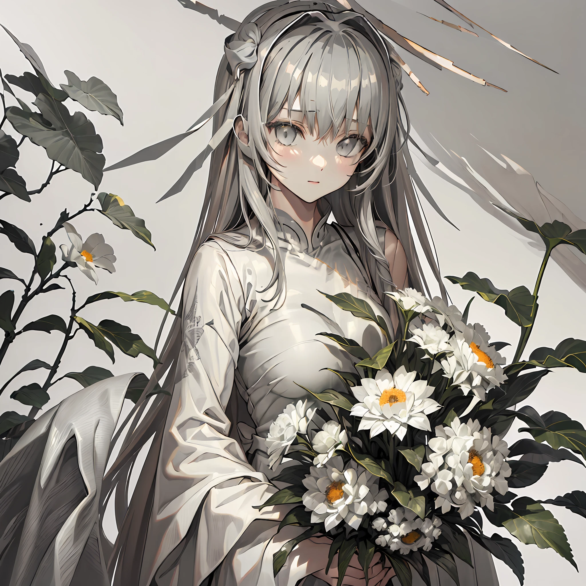 【Highest Quality, masutepiece】 (Gray white background:1.7), beautiful girl bring a Potted flower