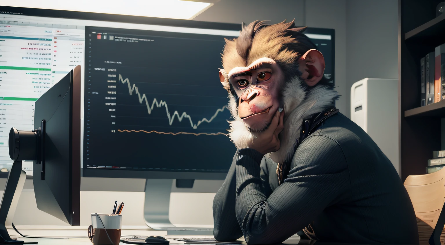 "A highly intelligent and skilled monkey is sitting in front of a set of monitors, with a close look at the financial charts on display. His bright coat and curious expression denote his captivating and charismatic personality. The monkey uses its nimble hands and right-handed fingers to easily navigate the information contained in the charts.
Wearing a shirt with modern patterns, that reflects his unique style, The monkey conveys an image of sophistication and originality. His energetic and intelligent behavior demonstrates his passion for the financial market and his dedication to analyzing price movements in detail.
Ao redor dele, The environment is organized and technological, with graphs and financial data occupying monitor screens. His desktop is a representation of the monkey's insightful mind, Always attentive to investment opportunities.
The curious and observant posture of the monkey evidences its seriousness in the analysis of the charts and its ability to adapt quickly to market changes.
This monkey is a true master in the art of chart analysis, using his keen intelligence and cunning to make informed and strategic decisions. His charismatic and innovative personality make him a leader in the world of commerce.
With the monkey ahead, The scene is of a unique and talented financial analyst, pronto para enfrentar os desafios do mercado com curiosidade e sagacidade, and achieve success in its operations and investments."