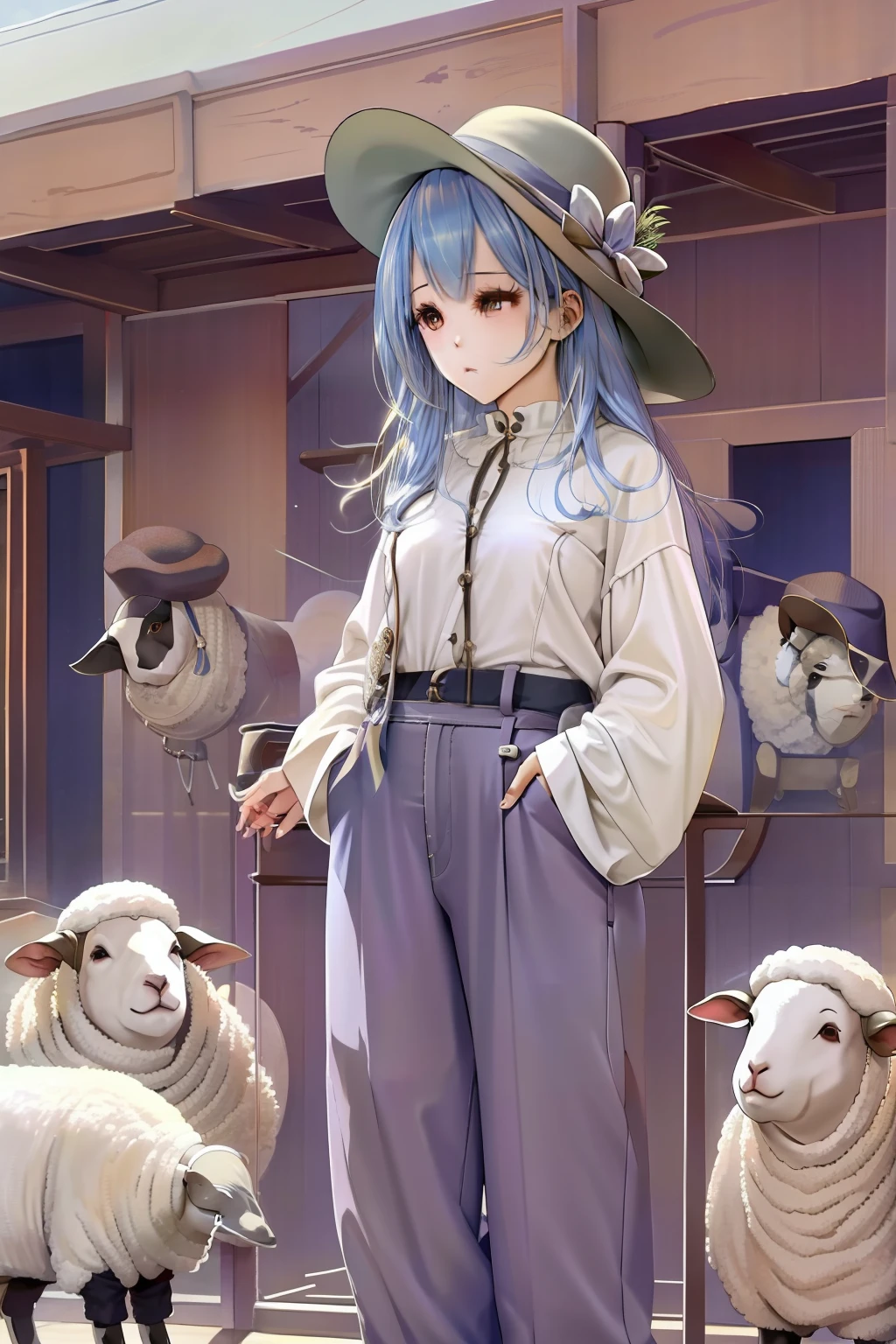 Corral cute sheep、１woman、Hats、long trousers、