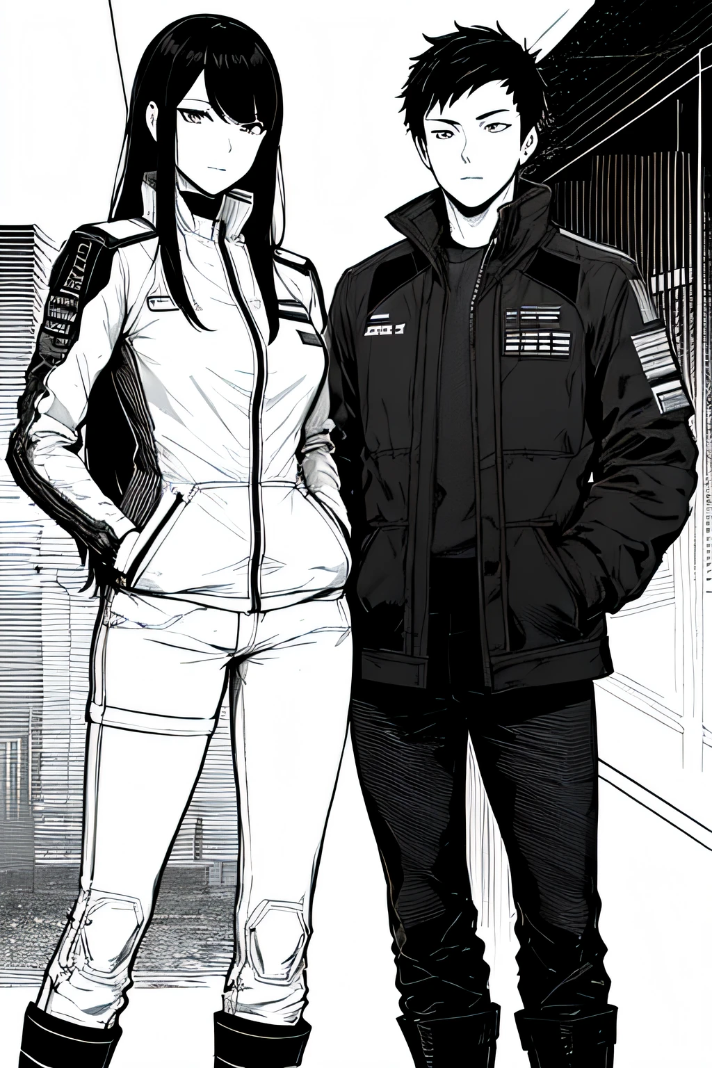 masterpiece, best quality, 1asianwoman, beautiful eyes, futuristic pilot uniform, hand in pocket, black hair, black eyes, cyberpunk, street, monochrome, lineart