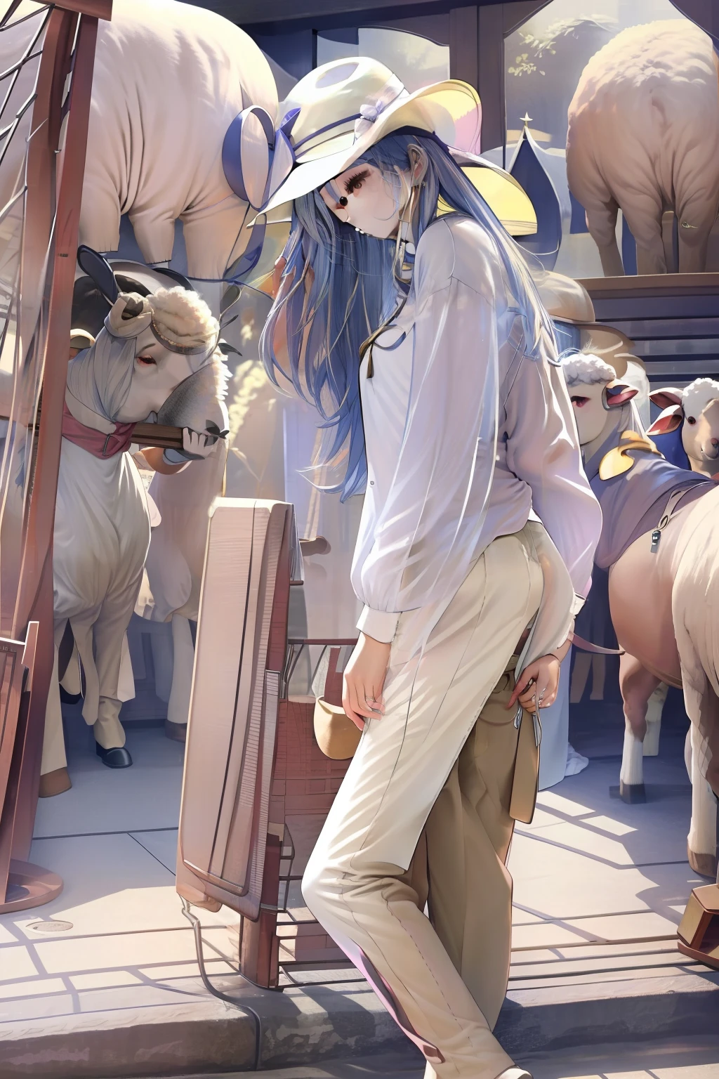 Corral cute sheep、１woman、Hats、long trousers、