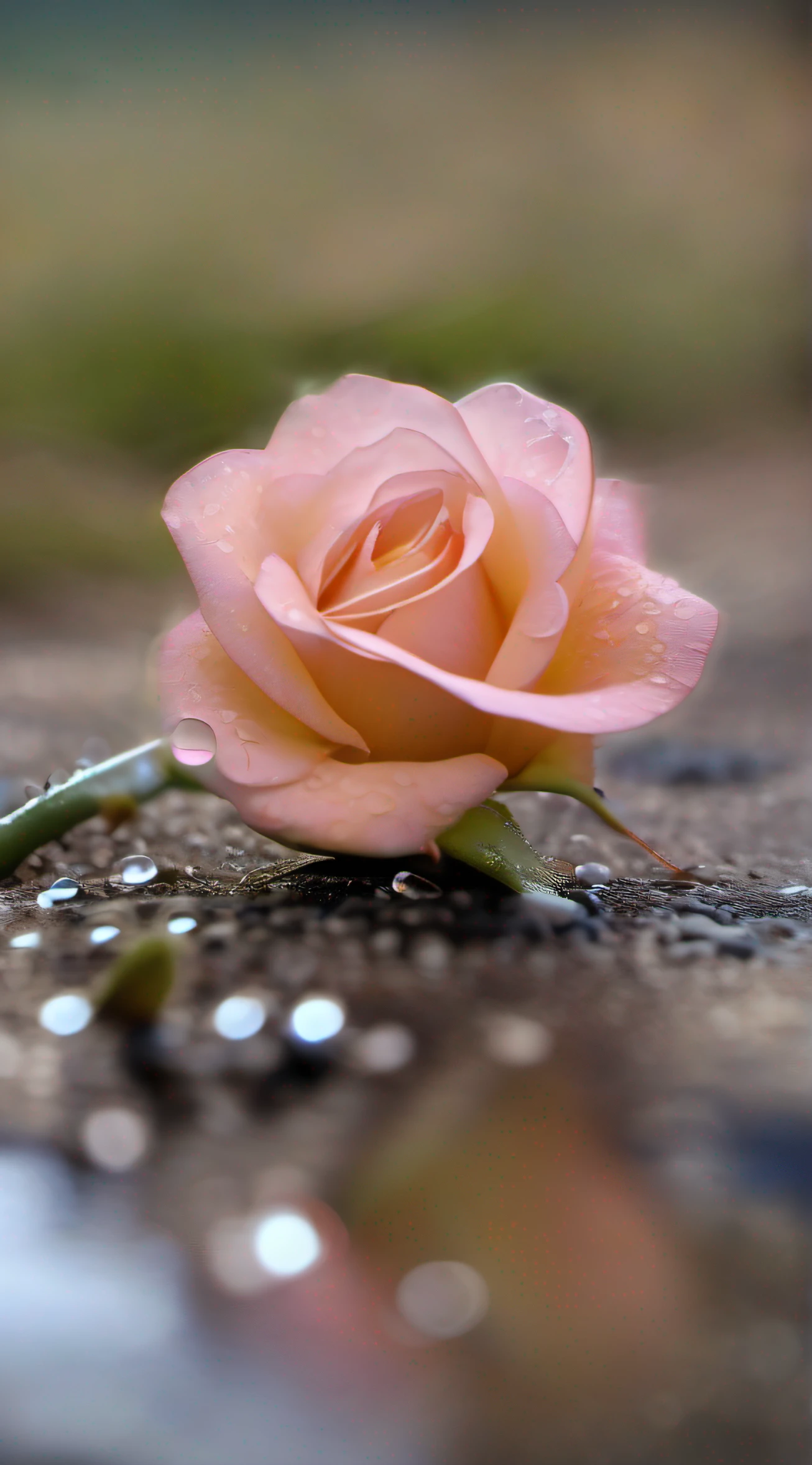 rosa amarela ouro , stalk sticking out of the ground, 1 flor toda aberta close up , linda , uma flor, pingos de orvalho transparente caindo sobre a flor, dewdrops falling to the ground, background bokeh, cinematiclight, luz pontual a direta 40 graus celso, (( Feliz )), papel de parede 8k, obra prima