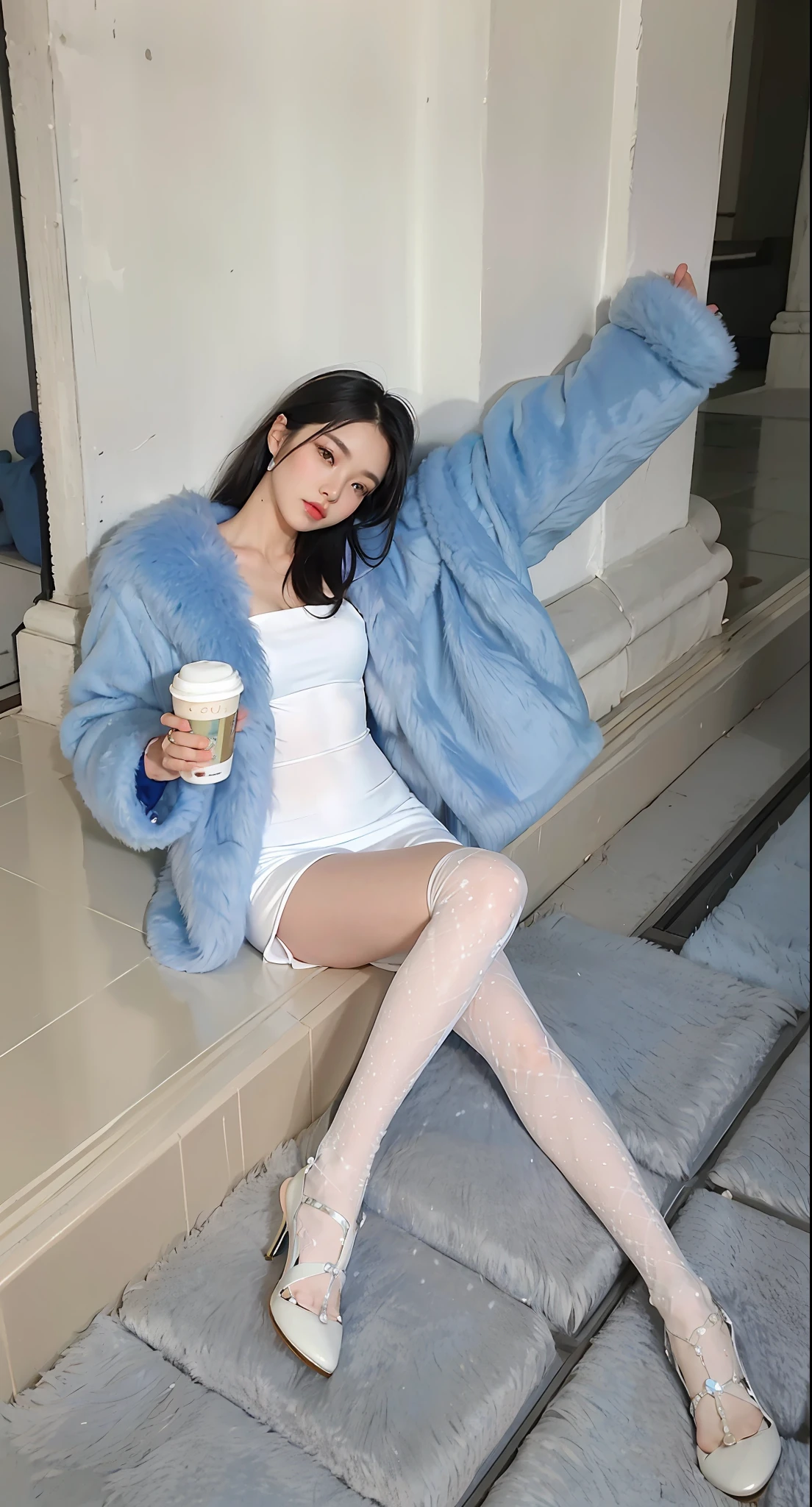 Arapei sat on the windowsill drinking coffee, sky-blue thick fur coat, sky-blue thick fur robes, blue skintight closed longcoat, Blue fur, full-body xianxia, Shiny soft fur, icey blue dress, pretty face with arms and legs, korean women's fashion model, tight light blue neopren suits