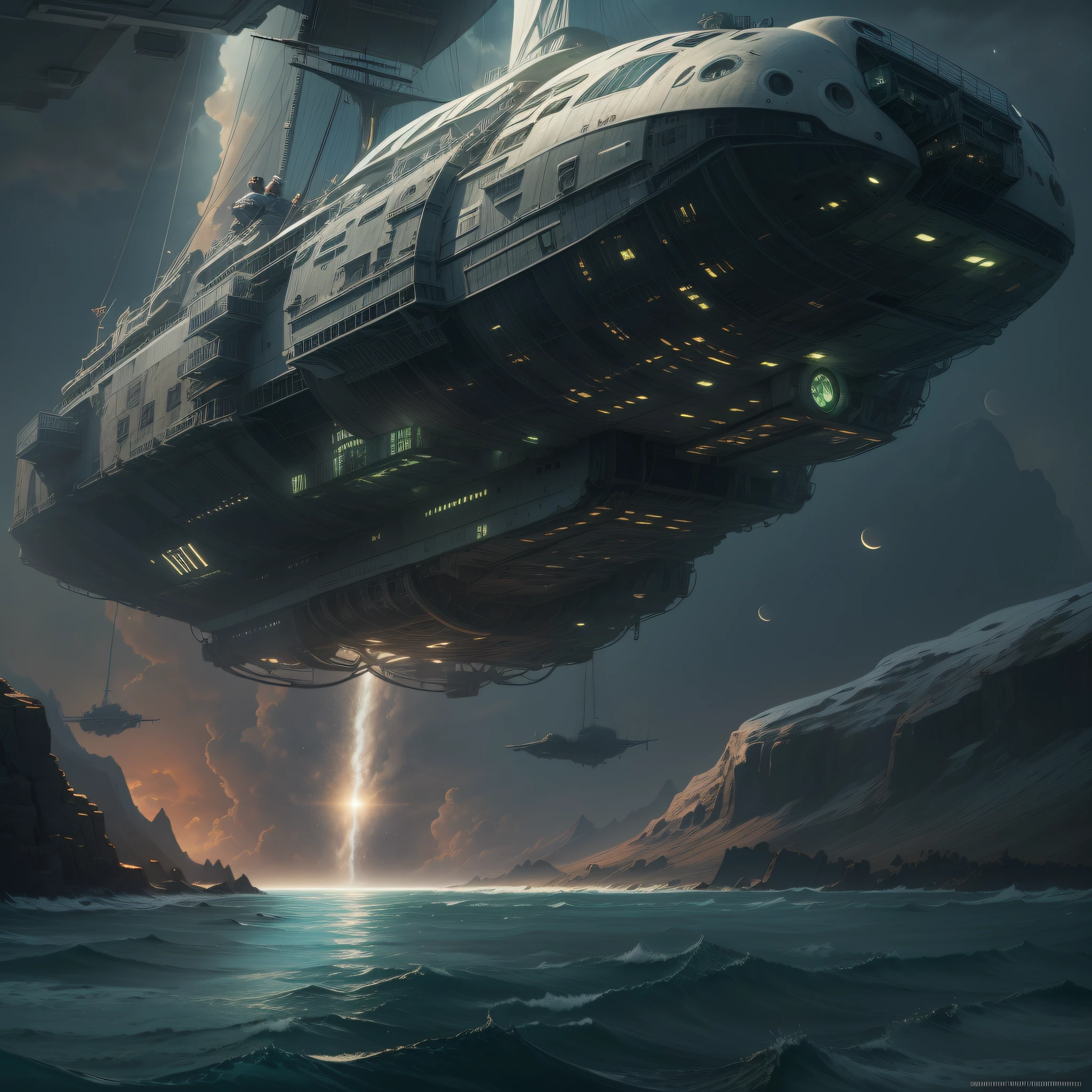 la tripulacion de la nostromo se encuentran varados en un planeta desconocido contemplando una nave alienigena.