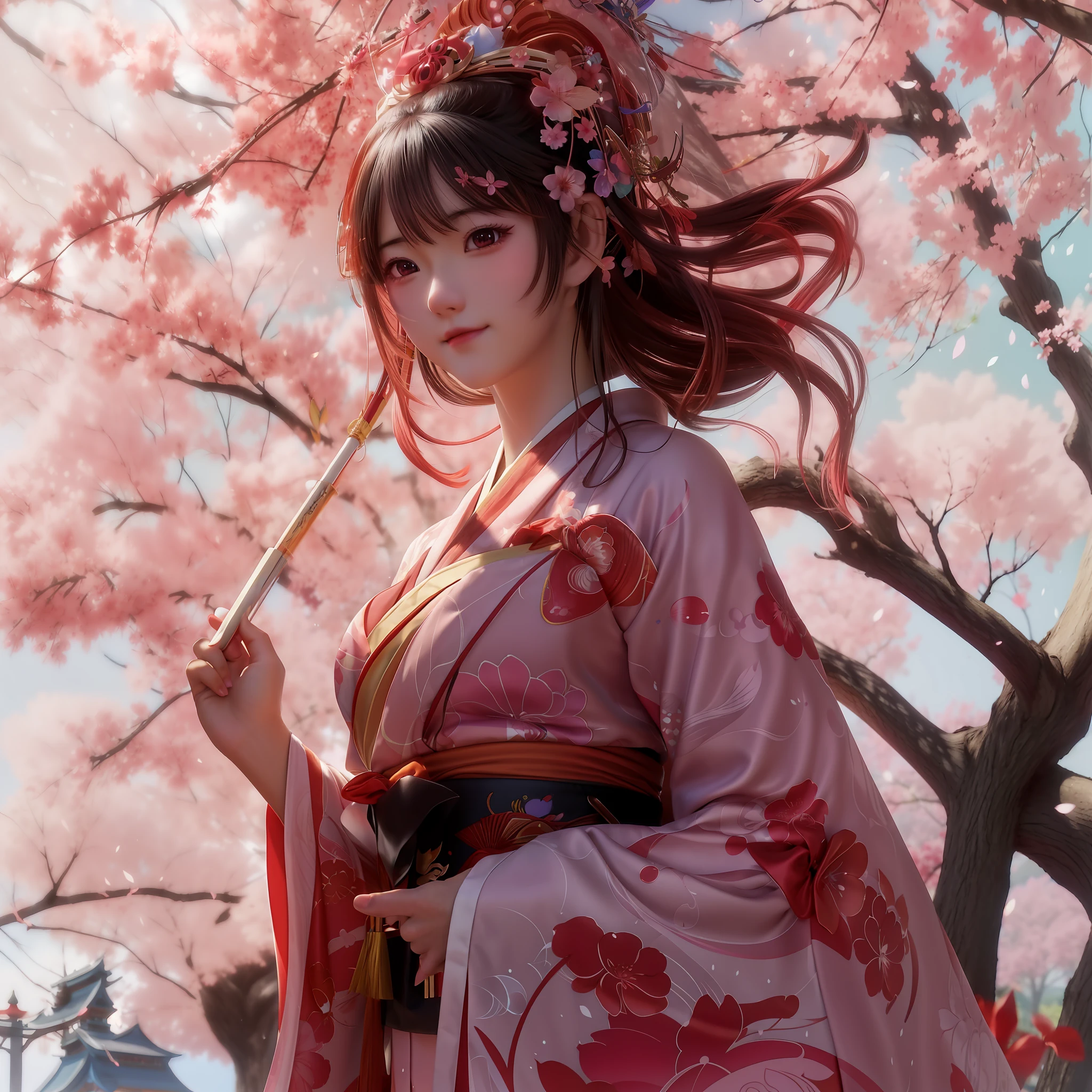 anime girl in kimono outfit holding a fan and standing under a tree, artwork in the style of guweiz, guweiz, anime art wallpaper 4k, anime art wallpaper 4 k, guweiz on pixiv artstation, anime art wallpaper 8 k, guweiz on artstation pixiv, japanese art style, by Yanjun Cheng