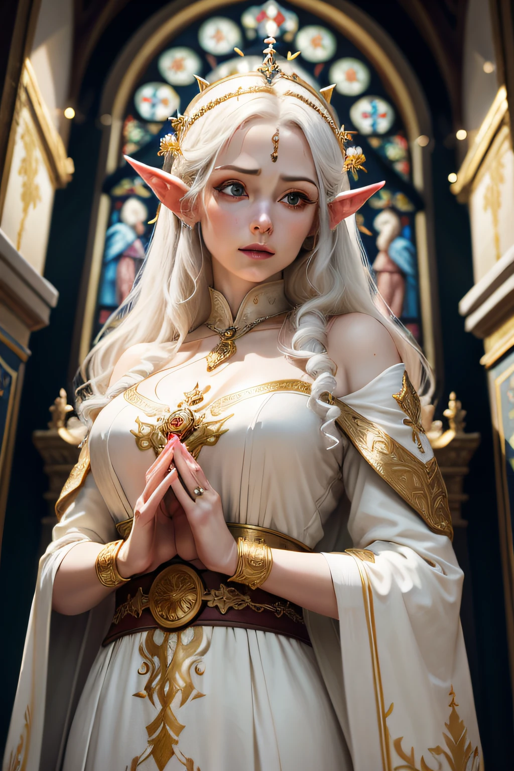 Bust,A woman with an elven appearance,The act of praying with your hands folded,Divine aura of magic,hand painted style,long white robe,Decorated with gold ornaments,Around the neck hangs a badge with details,The background is the church,Detailed holy light,Rich facial details of characters,A masterpiece of the highest quality