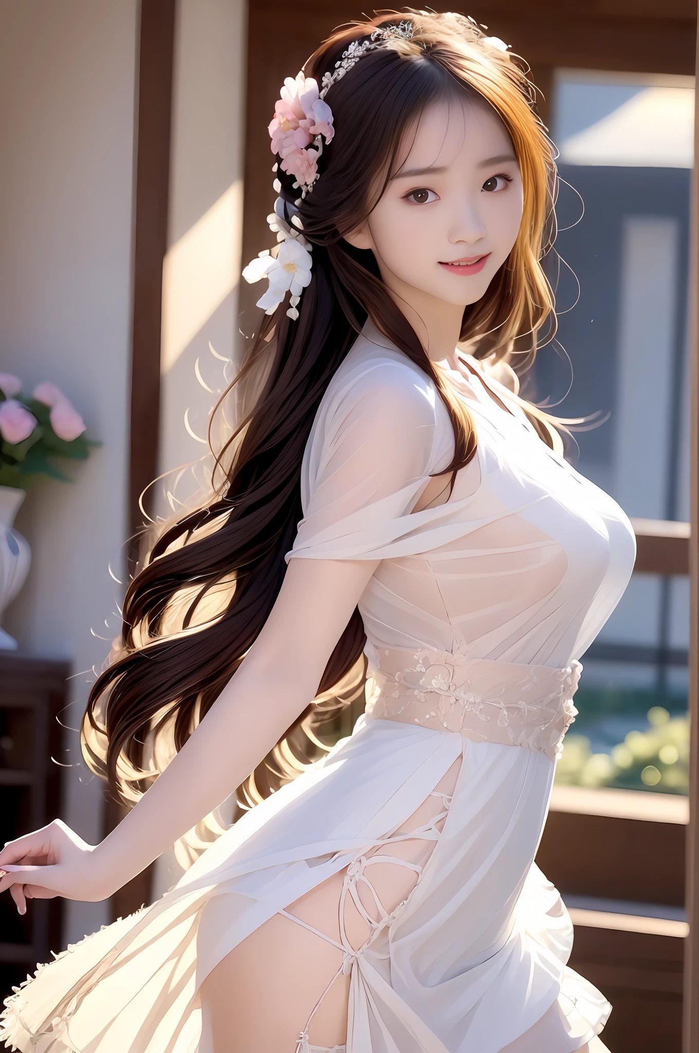 Superb Quality, Masterpiece, High Resolution, (Exquisite Body: 1.5), Stunning Beauty, (Milky Skin: 1.3), Delicate Details, High Resolution, Wallpaper, 1 Woman, Solo, Shelf-tulle Sweatshirt, Hair Accessories, , Flower, Long Hair, Plump Figure, Brown Hair, Smile, Accessories, Dance Pose, Big Eyes, Flowing Hair, Transparent Tulle Hanfu, Transparent Tulle Hanfu, Embroidery, Short Skirt, Dance Pose, Falling Petals, Indoor, Fanning, 16K, HDR, High Resolution, Depth of Field, (Film Grae: 1.1), Bocon, Primetime, (Lens Glow), Vignette, Rainbow, (Color Grading: 1.5)