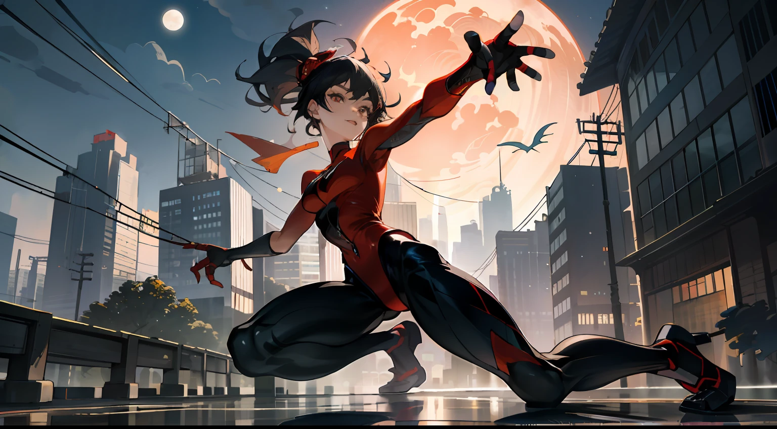 (Masterpiece, 4K resolution, ultra-realistic, very detailed), (Asian woman), ((black hair)), (beautiful brown eyes), (Asian superhero theme, glamorous, there's an asian woman at the top of town, wearing a Spider-Man costume, she's a superhero, full body, ((Spider-Man pose), show strength, jump from building to building), ((sandy urban environment): 0.8)|(cityscape, night, dynamic lights), (full moon))]] # Note: The prompt mainly describes ultra-high-definition 4K paintings, which are very realistic and very detailed. It shows a superheroine at the top of the city, dressed in a Spider-Man costume. The subject of the painting is an asian superhero theme, her entire figure is shown in the painting. In depicting the behavior of superheroes, spiders are used,