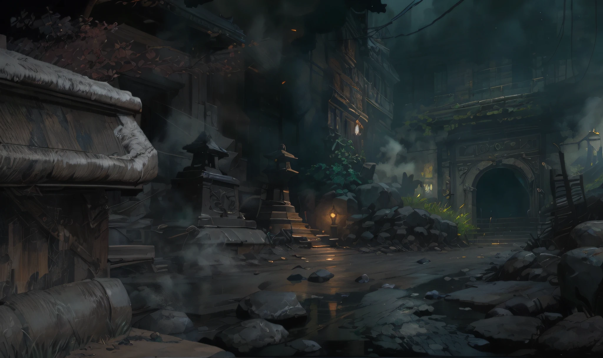There is a scene of a dark city with a place of fire, concept-art , highly rendered, environment painting, Unreal Engine renders concept art, Unreal Engine Digital Painting, Dramatic lighting. concept-art, painted as a game concept art, game environment design, dota! matte painting concept art, dota matte painting concept art, game environment, inspired by senior environment artist
