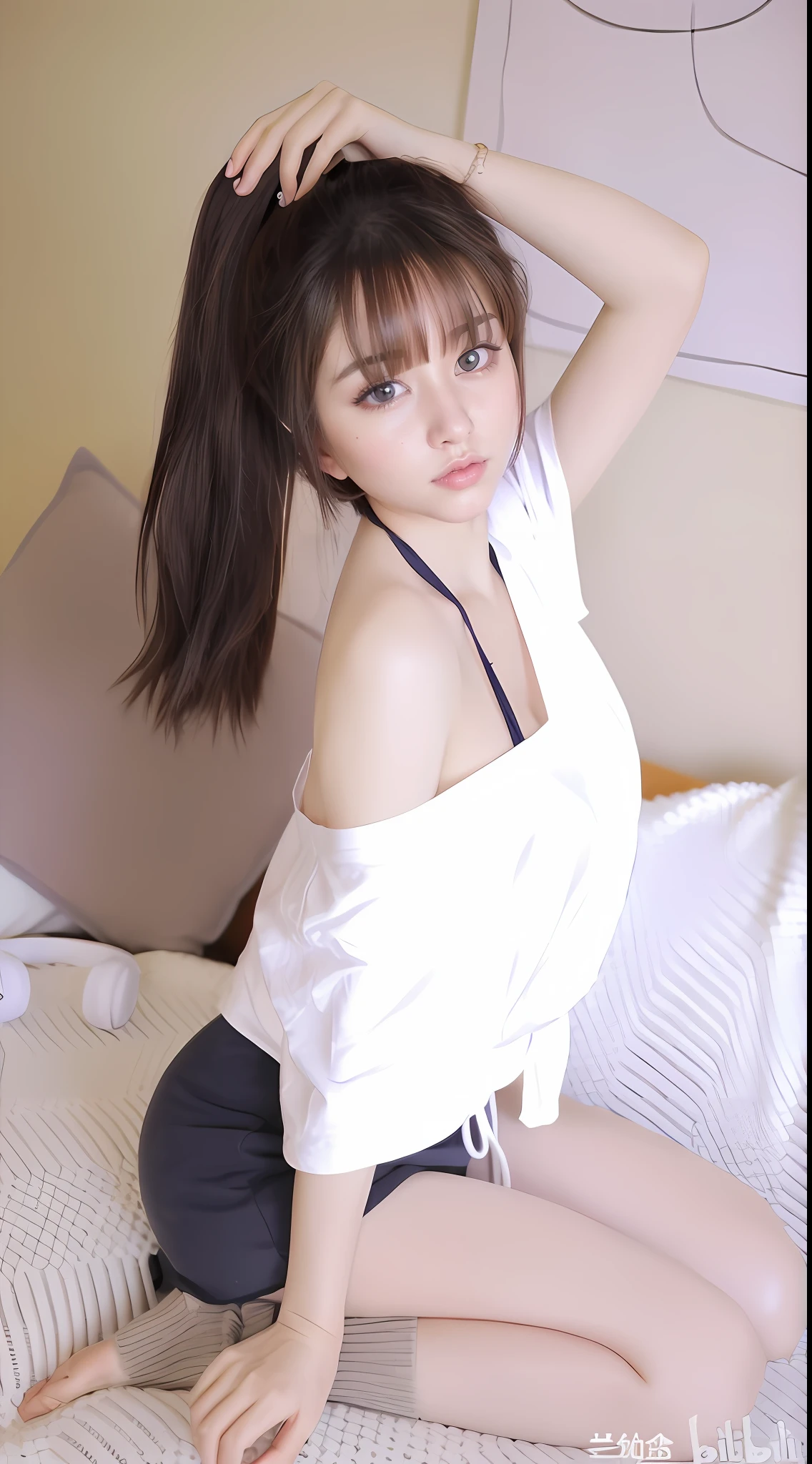 (Best quality, 8k, 32k, masterpiece, UHD: 1.2), photo beautiful japanese woman, room, very short Bob hair, upper body, facial focus, oversized_sweater, necklace, simple background, from above, looking at the viewer,