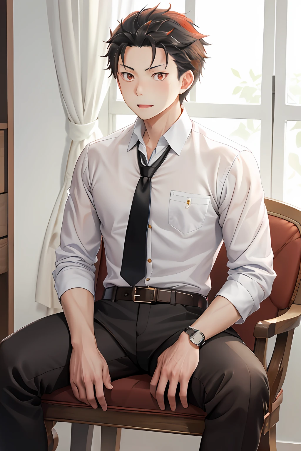 （1 Adult male），A high resolution， Sharp focus， Pixiv masterpiece， （（Complicated details））， highly  detailed， natsuki_subaru， 1 man， with her mouth open，full bodyesbian，sit astride， Red eyes（Red pupils，eyes glowing）， with short white hair，white  shirt，Wear a tie，Wear a belt，perspire，look from down