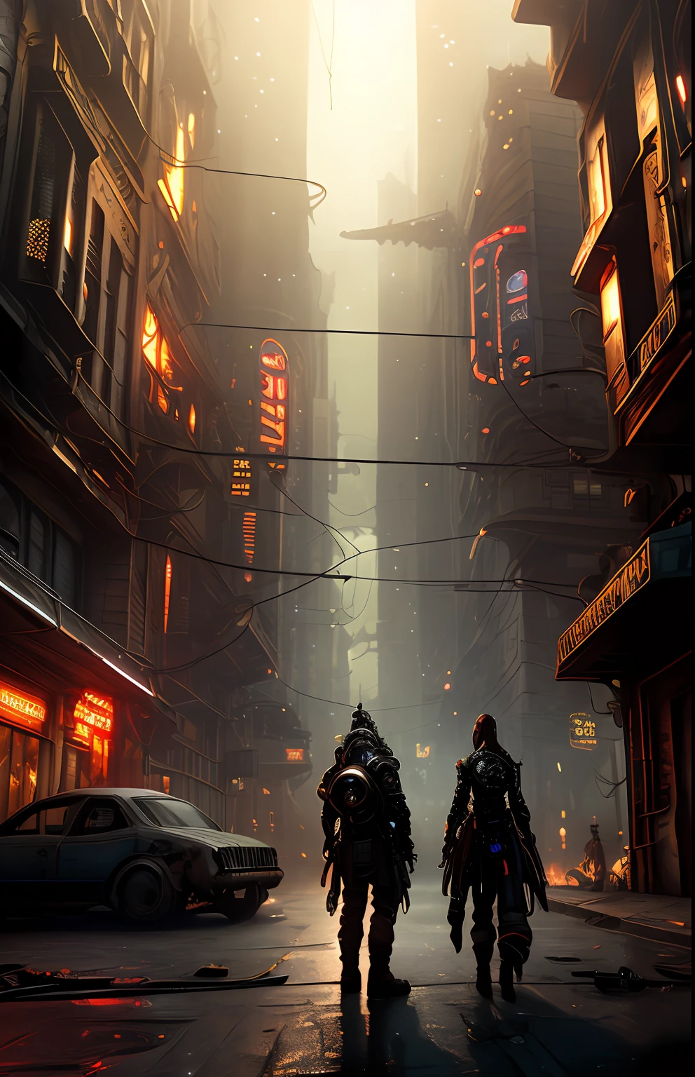 Surviving steampunk couple with cyberpunk clothing, alien structure, realistic, stylish, rutkowski, hdr, intricate details, hyperdetailed, cinematic, rim light, danger atmosphere, night, red light, destroyed street, 4k, fire, nuclear bomb, apocalyptic powder, Dune