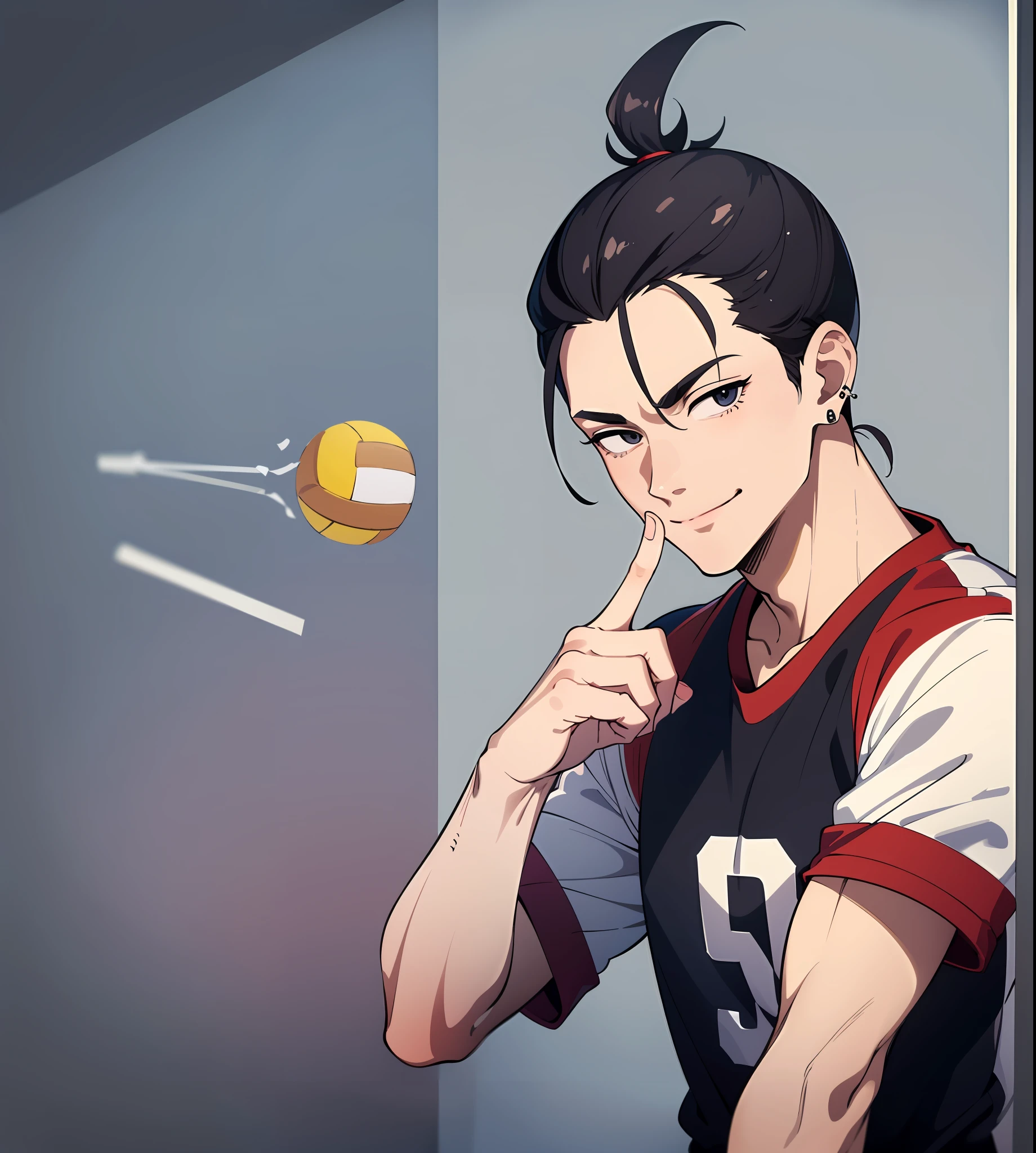 (masterpiece), (best quality), (super detail) expressive eyes, perfect face, (1man), man, lazy eye, smile, normal skin, ((wearing volleyball jersey)), black eyes, Triple Lobe Piercing, man bun black hair, raising forefinger, (medium shot body), without background