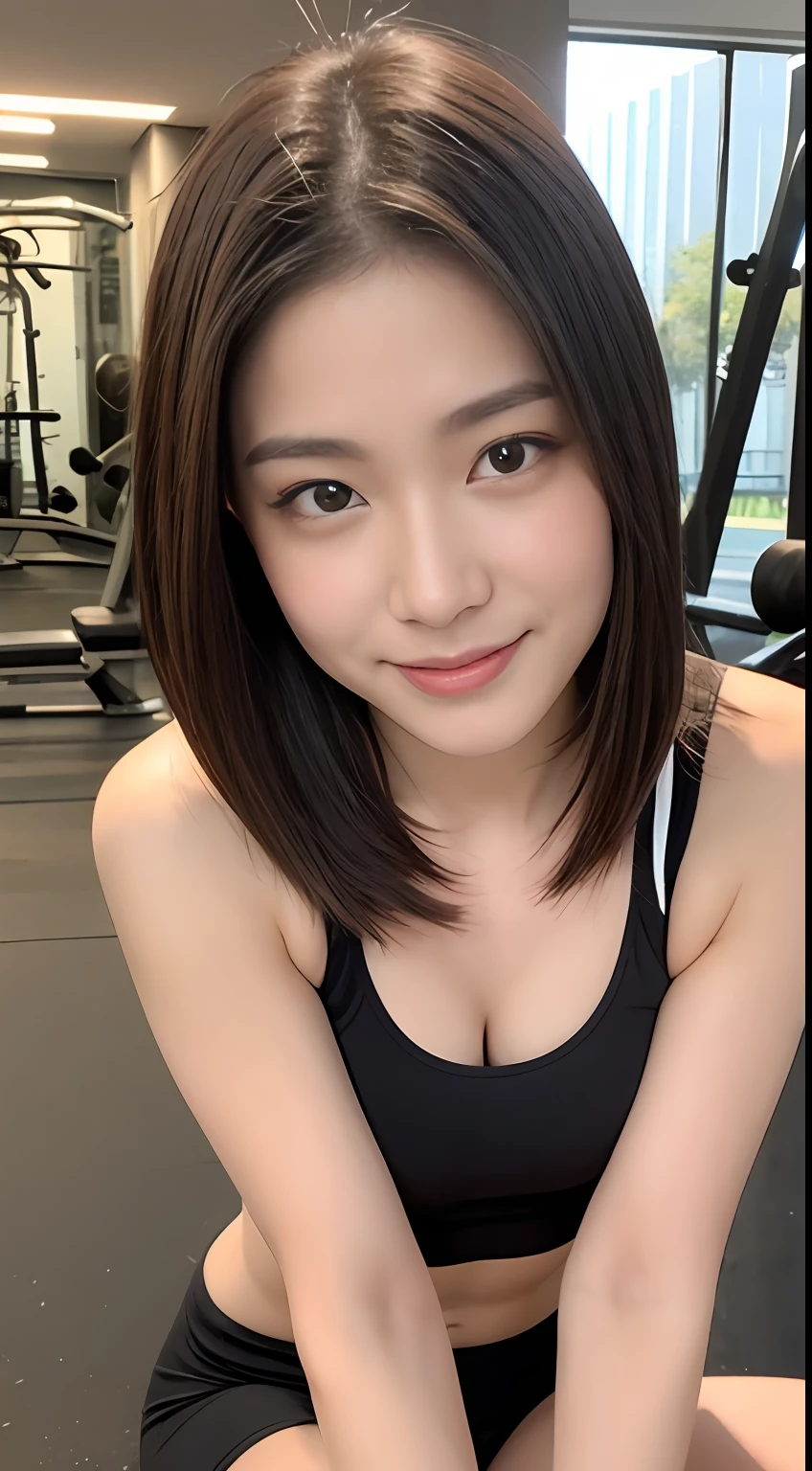 （（Anatomically normal，top-quality，8K，tmasterpiece：1.3）），Sharp focus：1.2，1 beautiful woman with a perfect figure：1.4，Slim abs：1.2，（different hair style：1.2）），Highly Detailed Face and Skin Textur，Detailed eyes，二重まぶた，ssmile，（Fitness gym,,Different gym clothes，above waist：1.3） ,brunette color hair，Hide hands：1.5