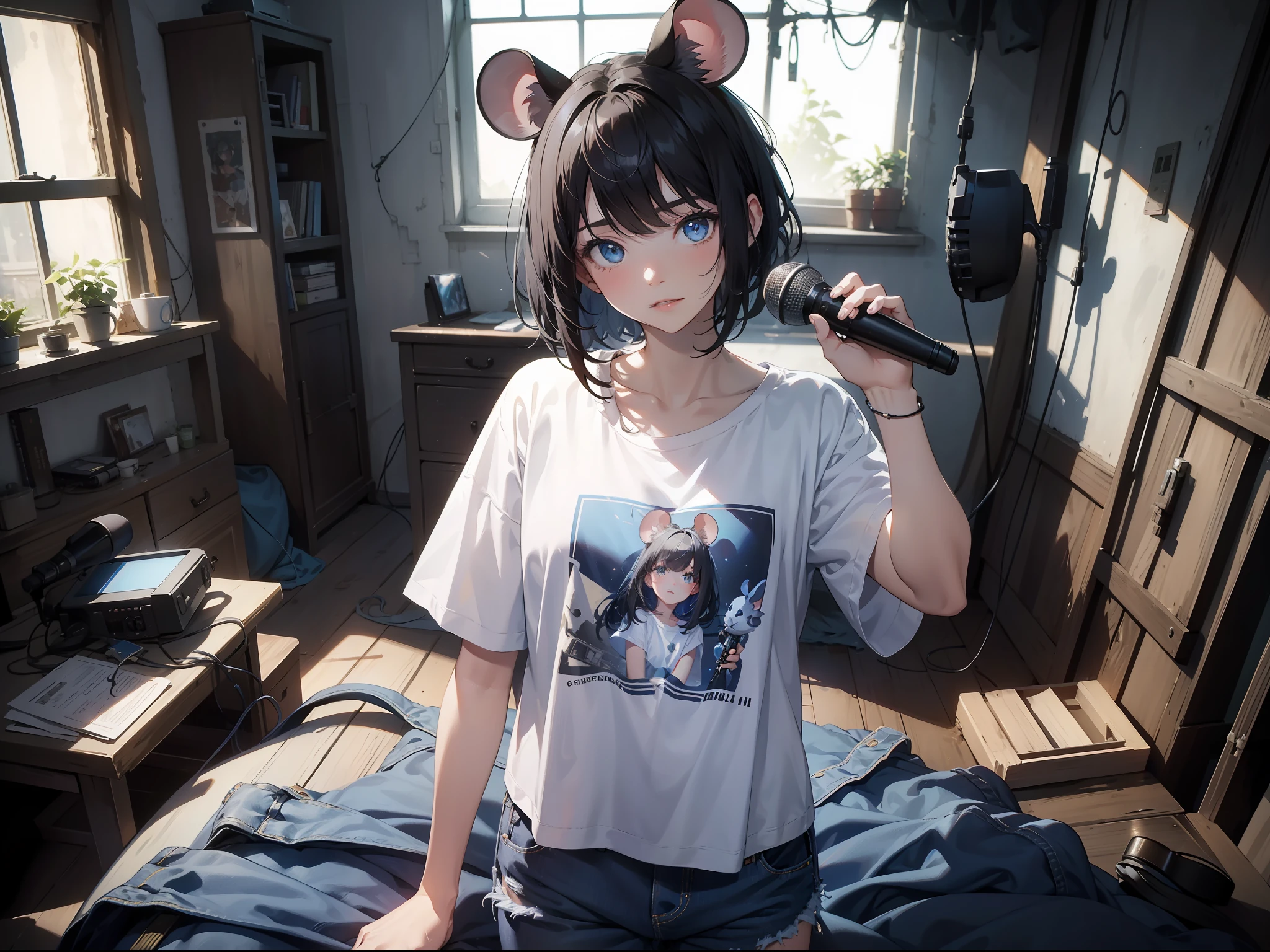 Masterpiece, Best quality,Girl with tangled mouse ears,Microphone in hand,Next to the bed,with short black hair,Realisticstyle,White T-shirt,blue denim pants,Inside the dilapidated room,The mouse's eyes glow;