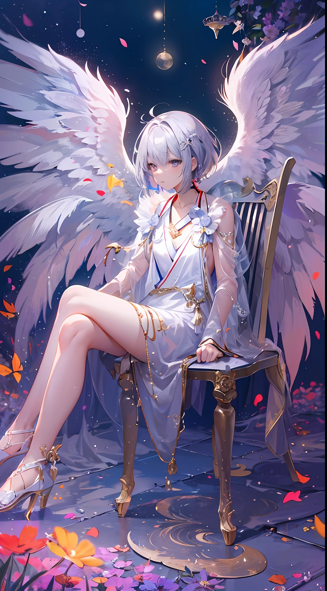 Being a Girl。Has short silver hair。The girl is facing the front。legs sitting on their sides。One of the legs is on the chair。One is on the ground。Angel wings grow from the back。Be colorful。The presence of the moon between the wings