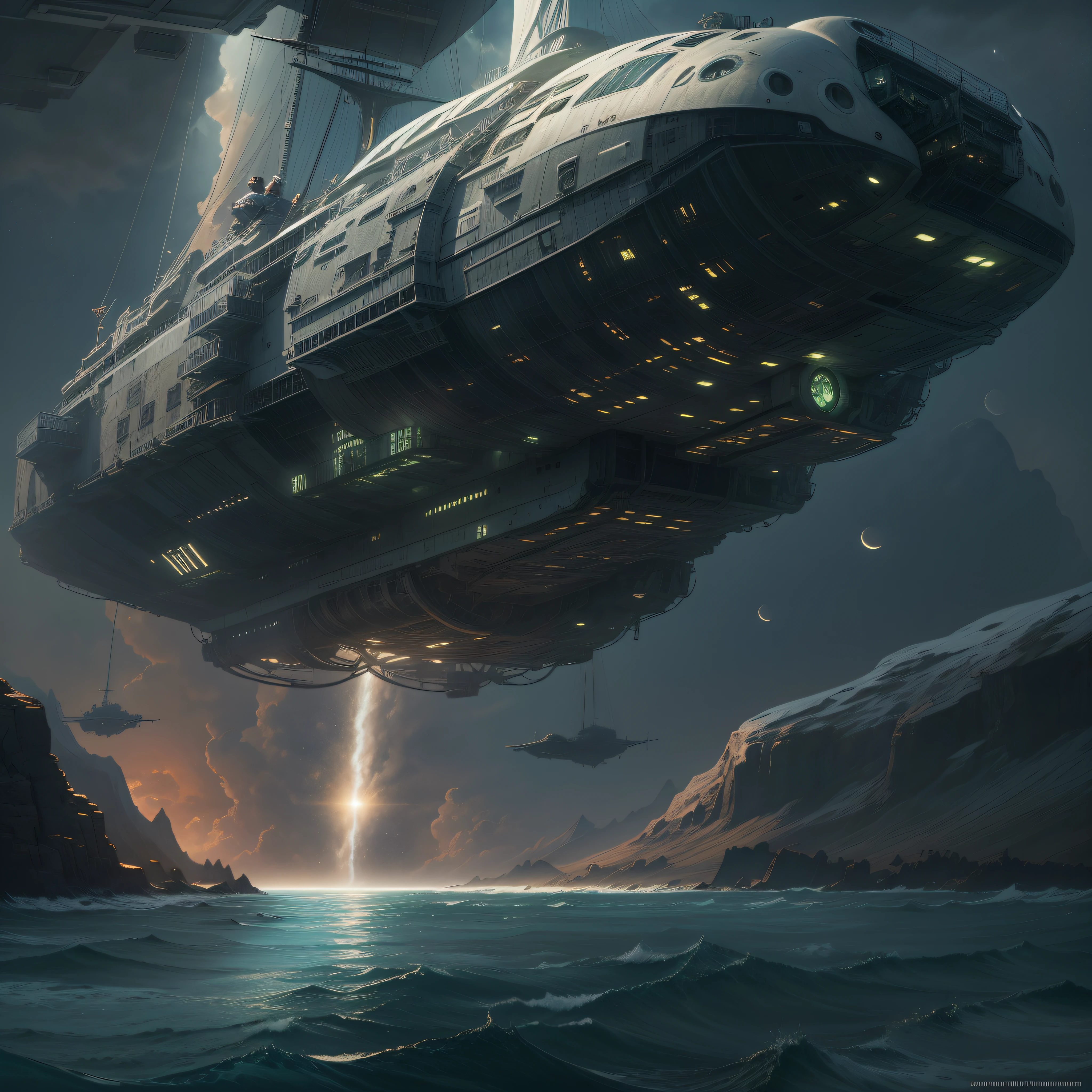 la tripulacion de la nostromo se encuentran varados en un planeta desconocido contemplando una nave alienigena.