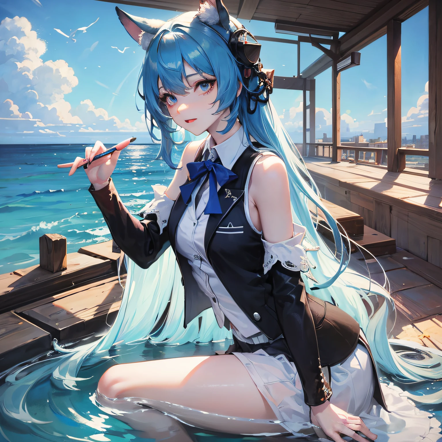 one-girl, Wearing a light blue vest, eBlue eyes, Thin leg, naked leg, Barefoot, Sit on the rooftop, Below is the sea, Water and sky, ​​clouds, Gradient hair, Very long hair, hair flaps, blue hair ribbon, Chiaroscuro, Cinematic lighting, hyper HD, ccurate, ccurate, Best quality, High details，Sunlight, Actual rendering, screen space reflextions, water Reflections , Subsurface scattering, Edge lighting