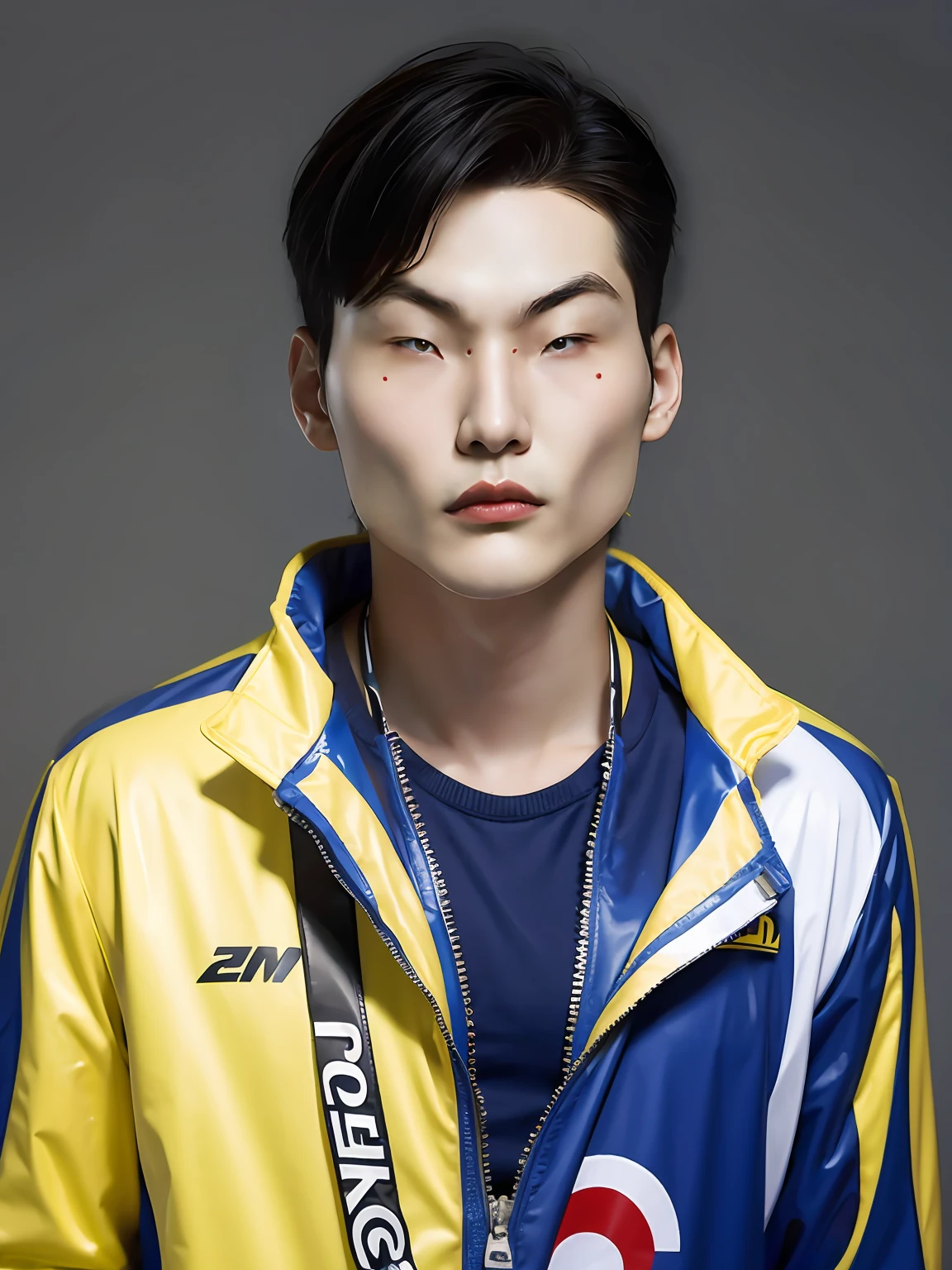 A Chinese male high school student，Wear PVC casual sportswear，There are zippers