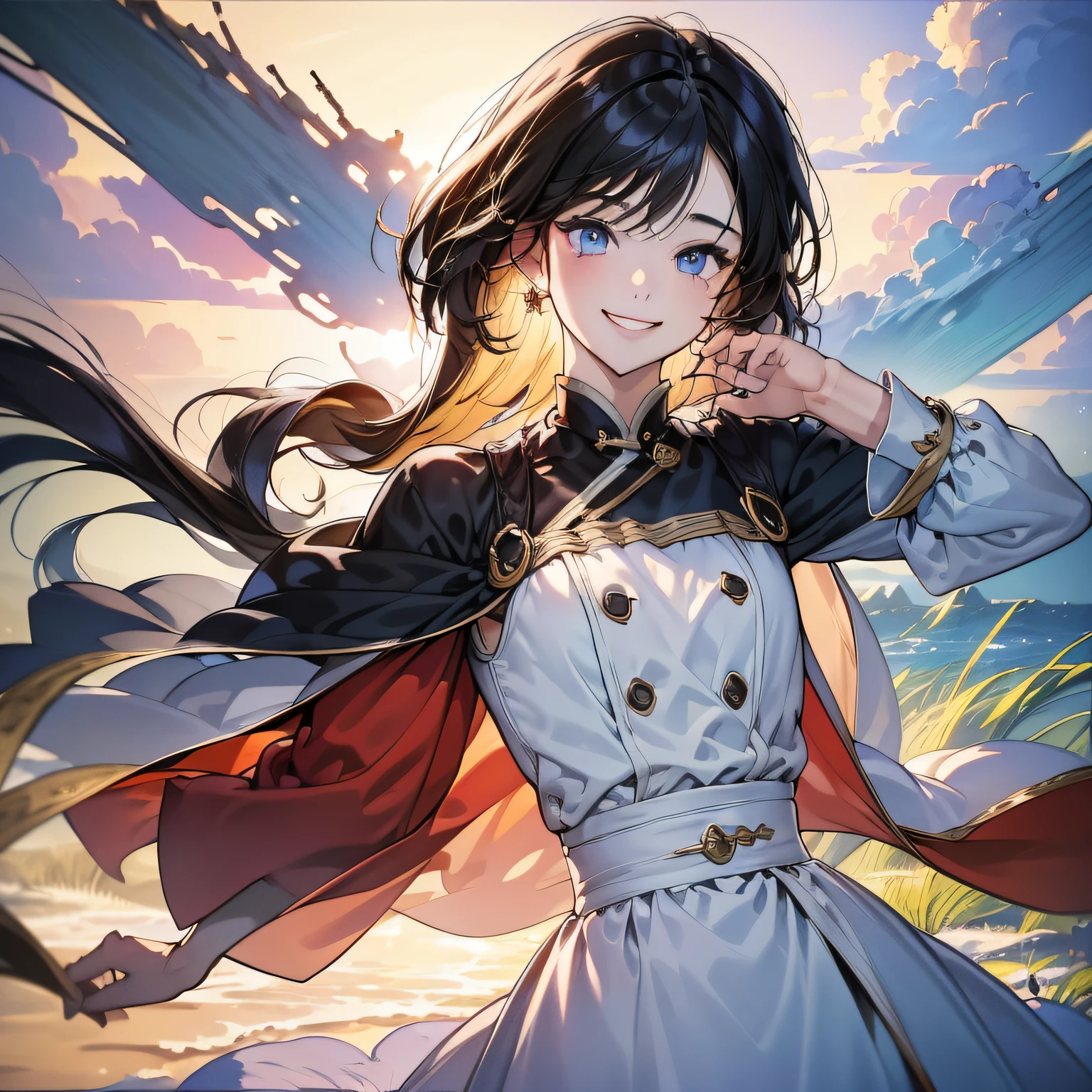 (in 8K、top-quality、​masterpiece:1.2)、1人の女性、(Smiling smile:1.1)、beautidful eyes、Valley、The upper part of the body、length hair、Like a boy、poneyTail、Yellow view、