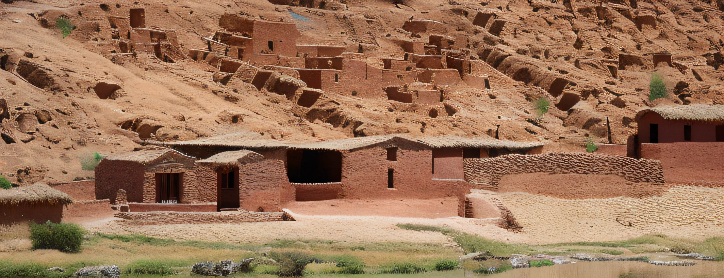 There is a small brick building with a roof on a hill, Mud and brick houses, Arquitectura neoandina, Neo - Arquitectura Andina, Photo 3 5 mm, - Aldea desgarrada del desierto, Chozas, Historical setting, por Lee Loughridge, Entorno detallado, Antiguas herramientas, Pueblo, Casa de pueblo, en un calma natural