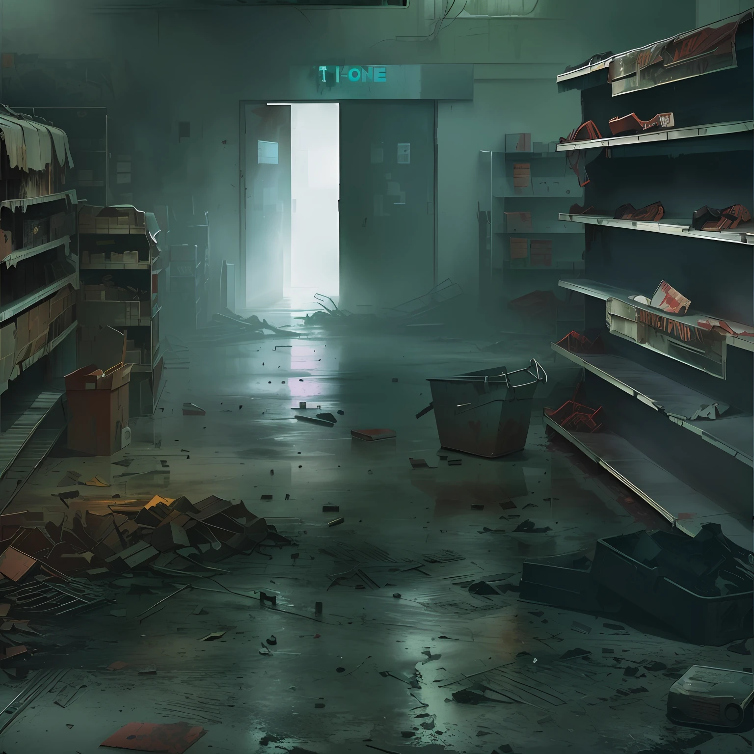 Dirty and empty shops,Broken shelves,photorealistic dark concept art, eerie nostalgic concept art, post grunge concept art, A post-apocalyptic shopping mall, Dystopian digital concept art, highly realistic concept art, silent hill concept art, post apocalyptic atmosphere, author:Alexander Jean, clean concept art, Post apocalyptic scenario