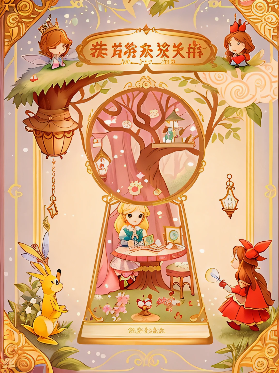 Fairy tale book cover、alice in the wonderland、style of disney animation、Tree holes、Alice falls into a tree hole、ln the forest、table light、mirrors、playingcards、bookshelves、key、A gateway to dreams、