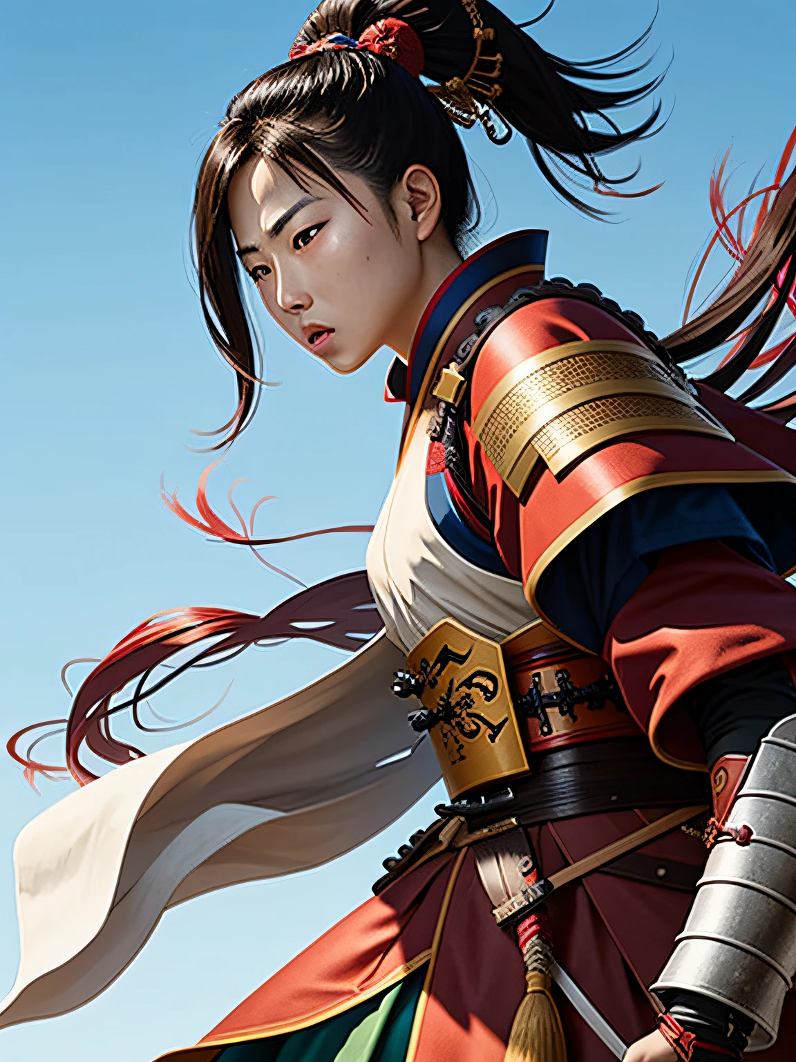 1asian female samurai warrior, a powerful female samurai in the midst of an important historical moment, displaying her skill and bravery as she makes a decisive move that will change the course of history