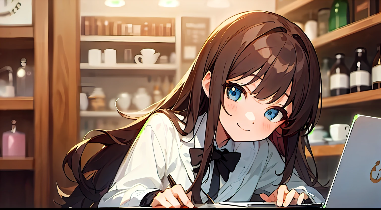 Upper body, mid-shot, femele, Detailed eyes, Anime girl sitting at laptop table, Semi-long hair, Brown hair, Bangs,, White costume, Black bow tie, Long sleeves, fashionable cafe、Inside the shop,Smiling smile