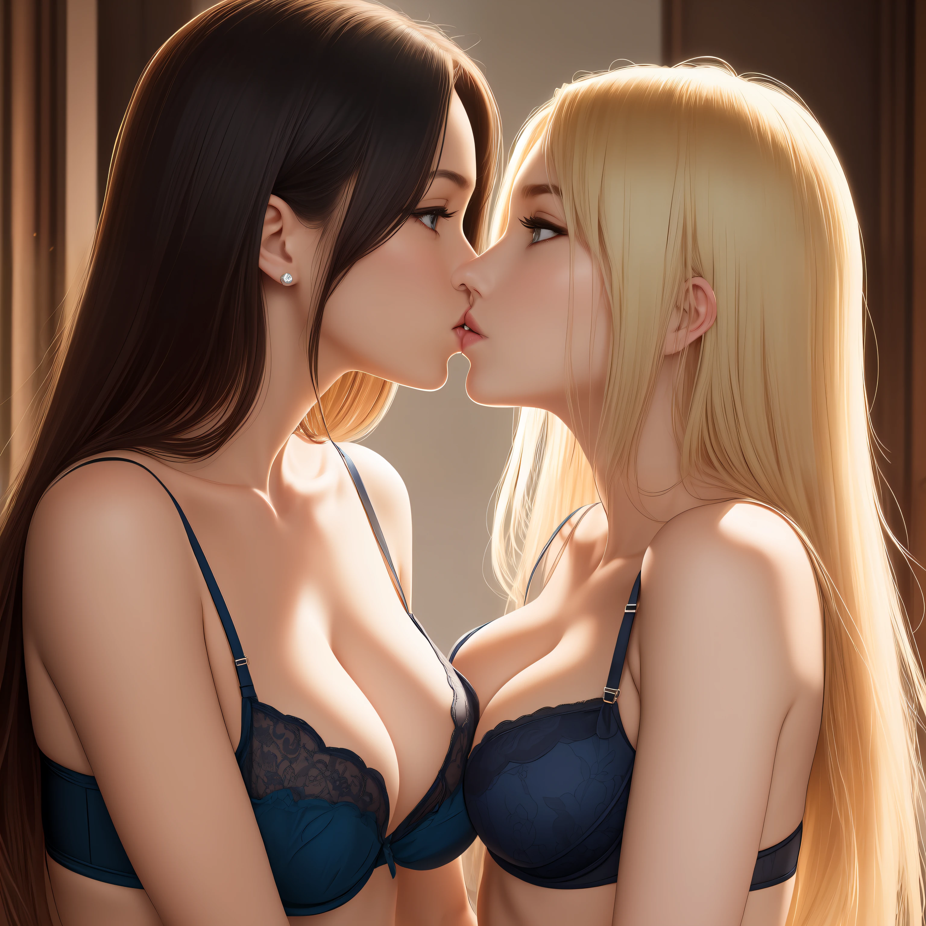 (yuri,kiss,french kiss),(2girls), face to face, looking at another, parted lips, lingerie, from side, big breasts, blonde hair, black hair, blue eyes,